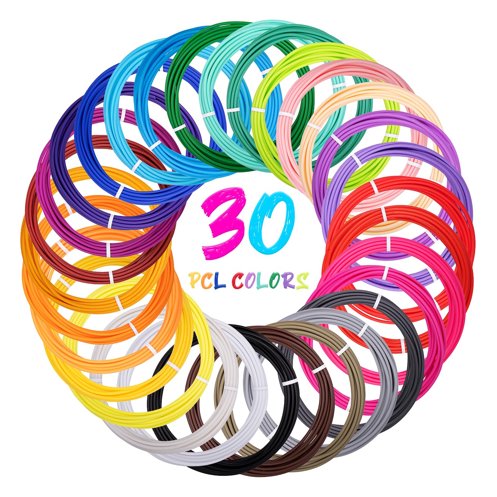 Kretrum 30 Colores 1.75 mm PCL Filamento para Baja Temperatura 3D Pen, 10 Pies por Color, Total 300 Pies, Incompatible con 3Doodler Start + Pen