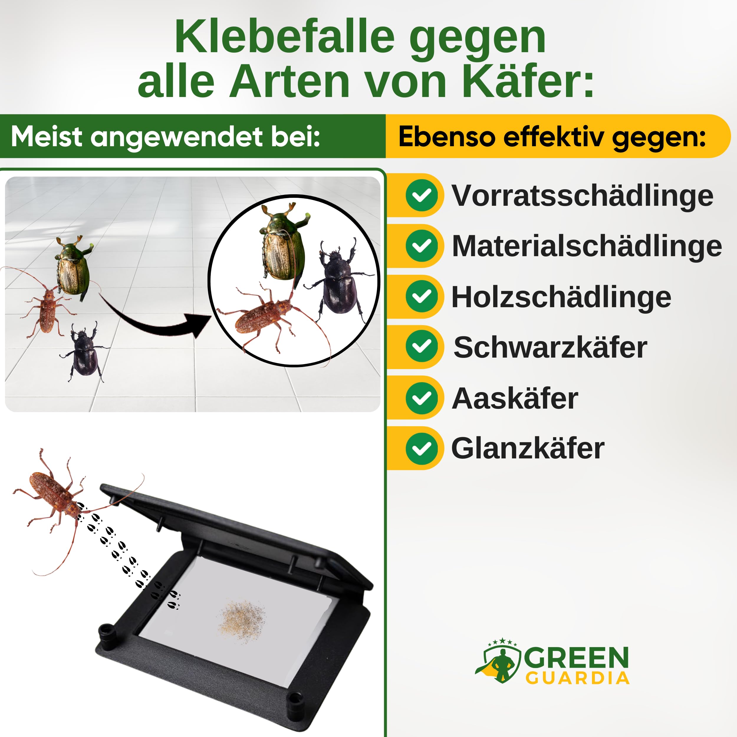 GREEN GUARDIA Trappola per coleotteri con feromone – 3 trappole – combatte ecologiche – trappola per feromoni senza sostanze chimiche con superfici adesive intercambiabili, atossica e inodore