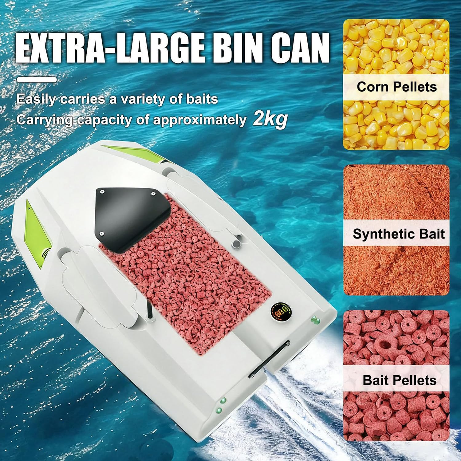 Barca da pesca con GPS, 2 batterie, luci notturne, posizionamento a 100 punti, ampio scomparto per capacità di carico di 2,5 kg, ideale per rilascio esche e ami da traina