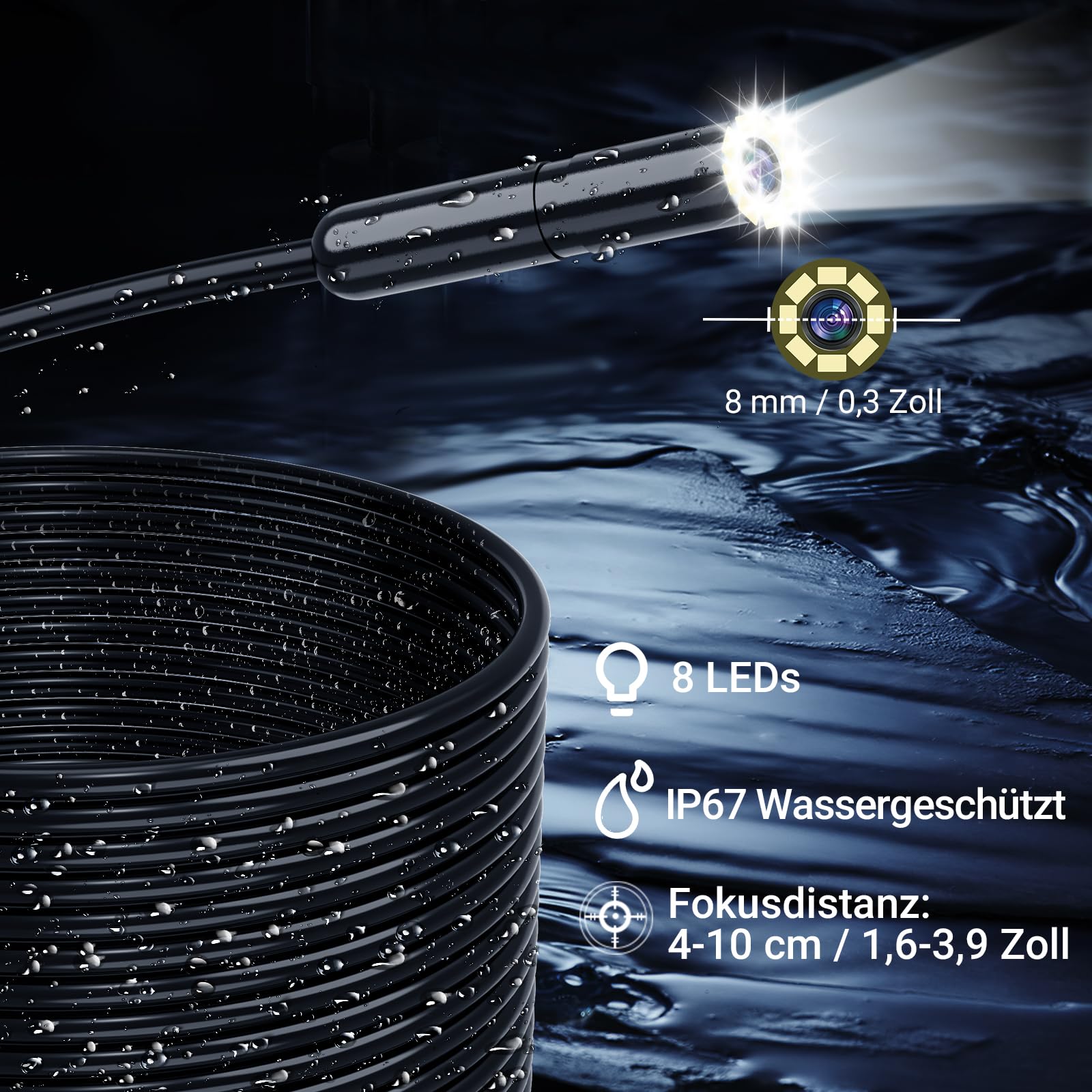 4,3" IPS Endoskopkamera mit Licht 1080P HD - IP67 Wasserdichte Inspektionskamera & Rohrkamera mit 8 LEDs, 5m Halbstarre Sonde für Auto, Rohre, Haushalt, Kein WLAN/App Nötig | Rohrkamera mit 8 LEDs, IP67 Wasserdichte Inspektionskamera, Halbstarre Sonde, Fü