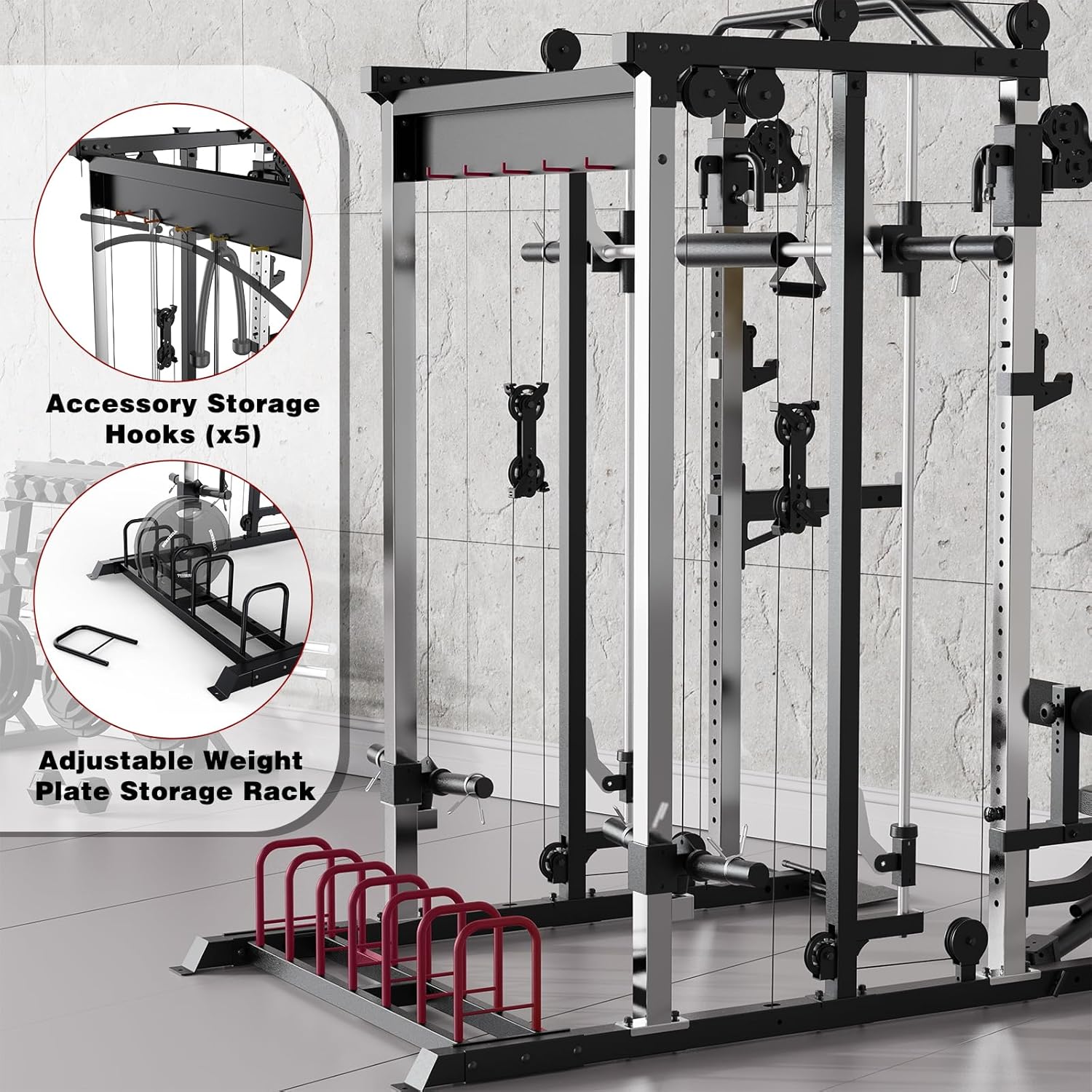 Smith Machine Home Gym Strength Training Squat Rack Height Adjustable Power Cage with LAT Pull-Down Systems