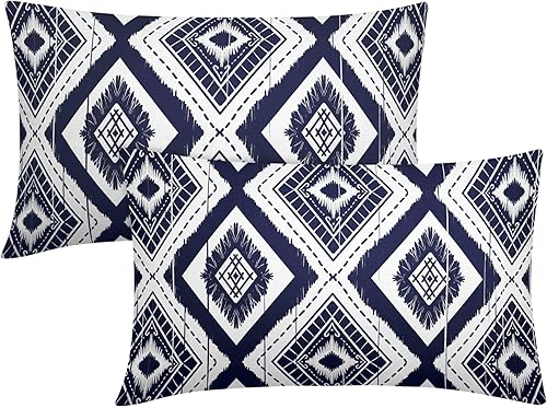 Juego de 2 fundas de almohada lumbares geométricas de color azul marino y blanco de 12 x 20 pulgadas, color azul índigo, marfil, diamante Ikat,