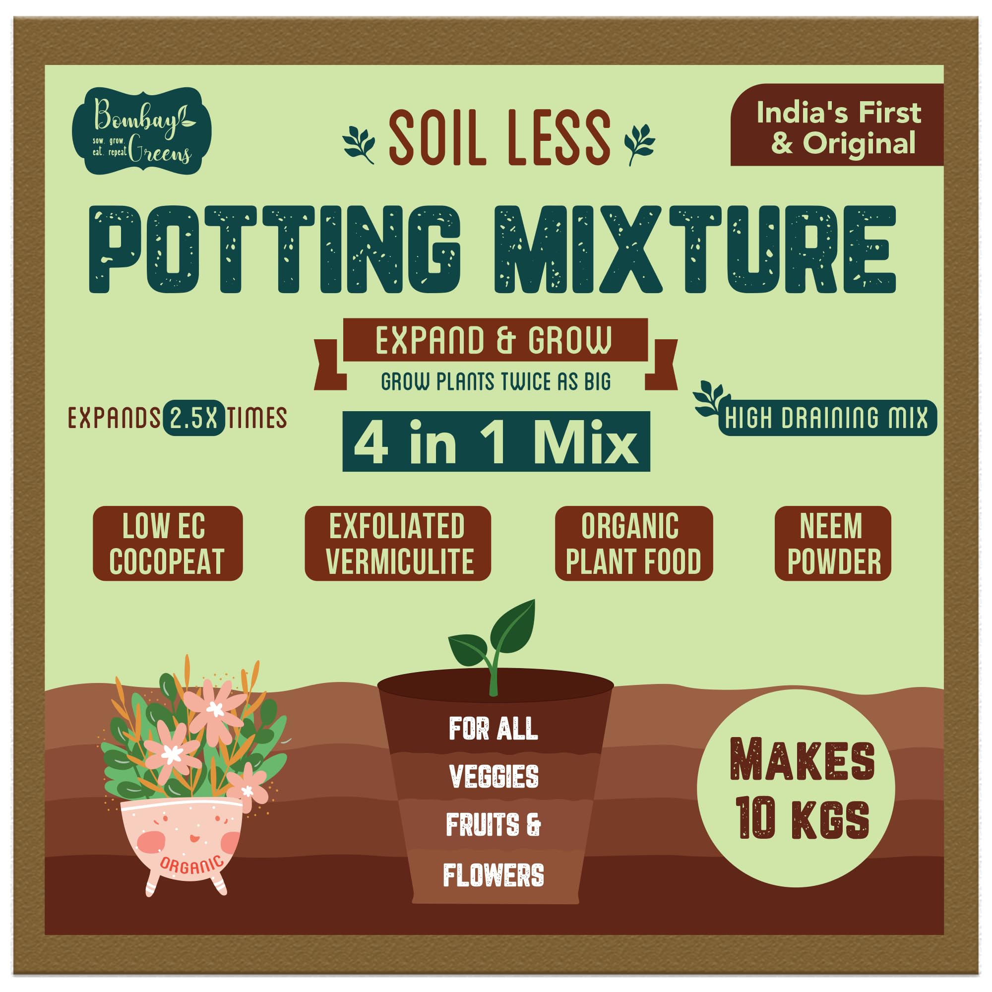 Bombay Greens 10Kg Soil Less 4 in 1 Potting Mixture - Cocopeat, Vermiculite, Neem Khad, Organic Plant Food | Pot Mix for Home Gardening or Terrace Garden-image-36