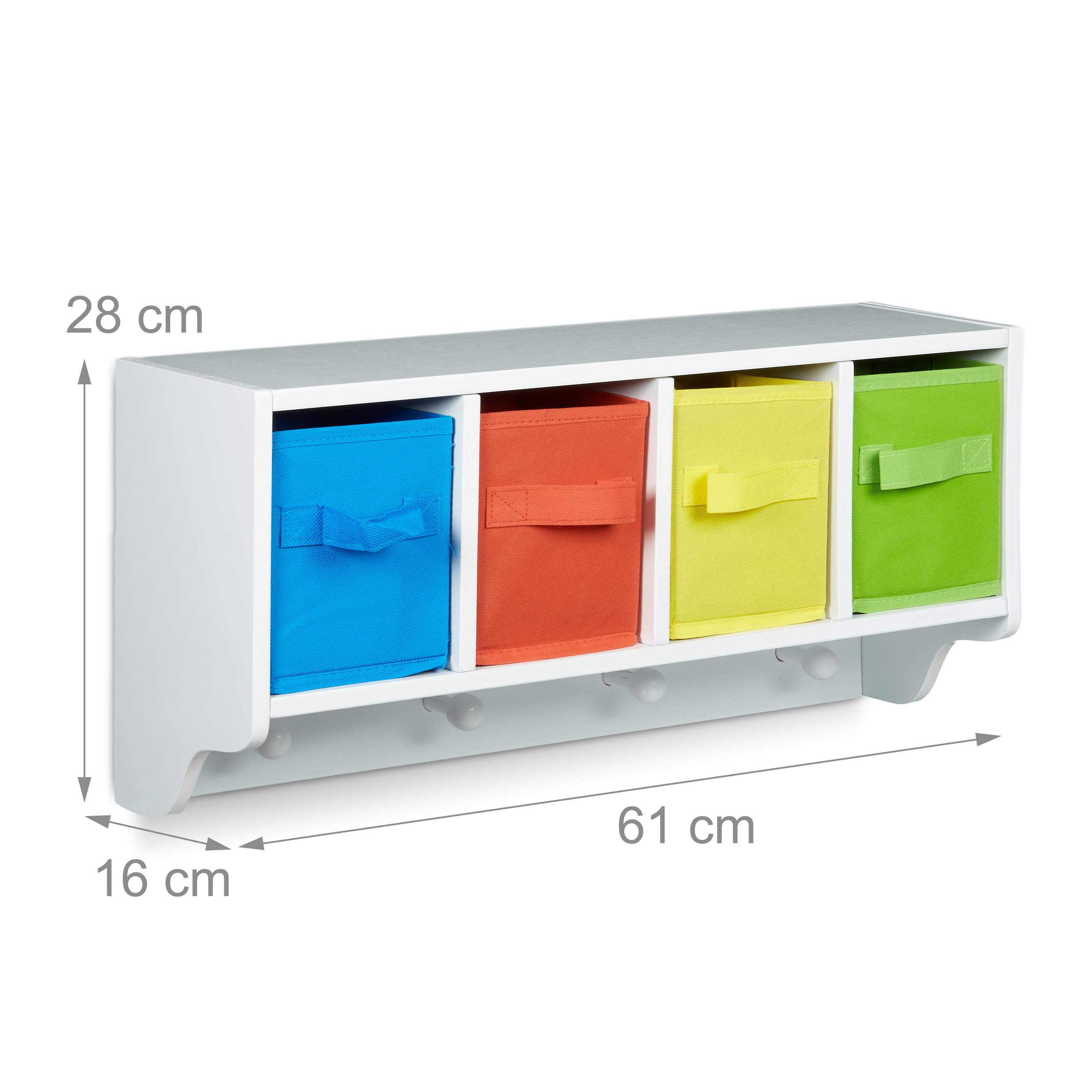 Relaxdays Kinder Wandregal ALBUS, 4 Kleiderhaken, Kinderregal mit 4 bunten Faltboxen, HBT: ca. 28 x 61 x 16 cm, weiß