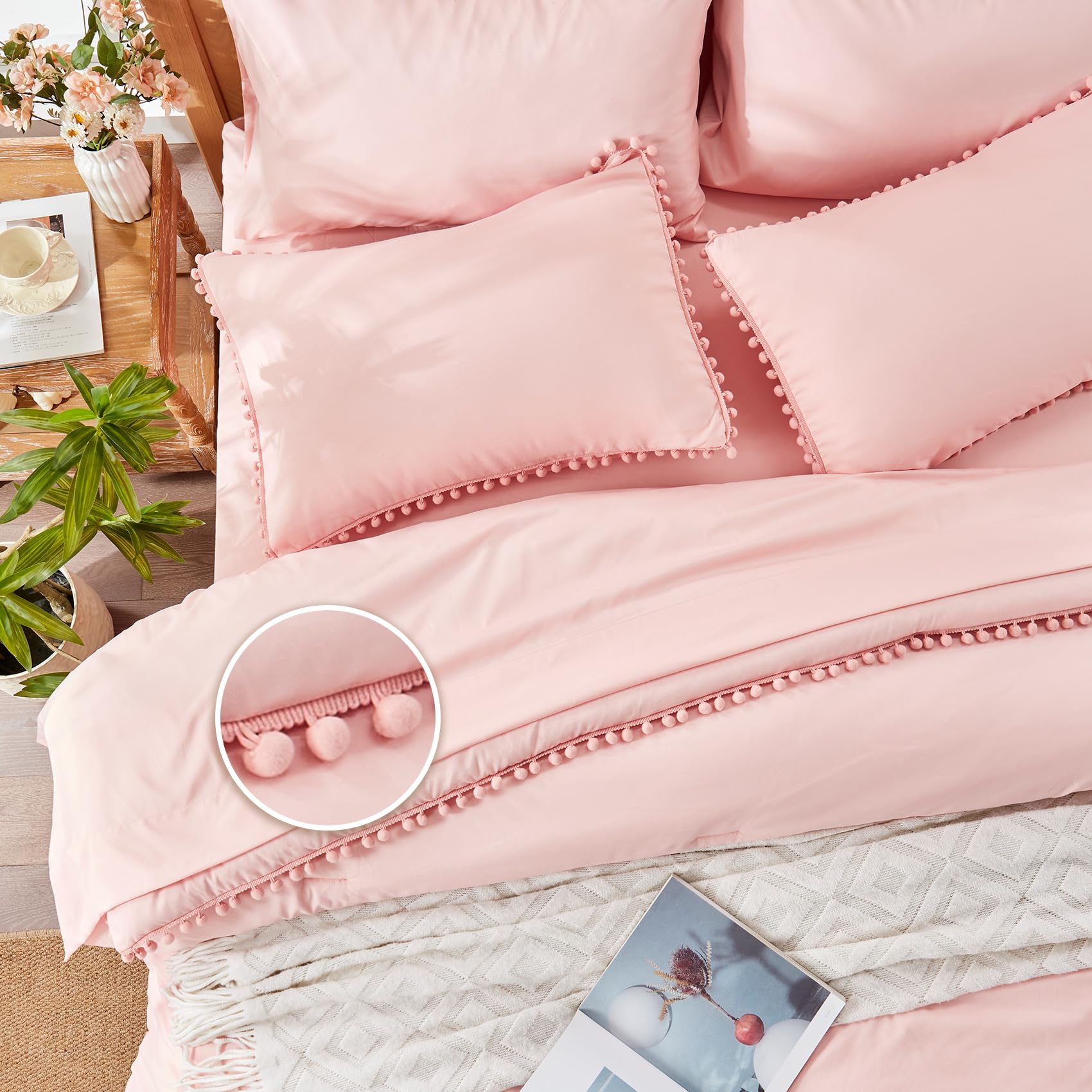 Anluoer Queen Comforter Set 7 Piece, Pink Bed in a Bag with Sheets, Pom Pom Boho Bedding Comforter Sets with 1 Comforter, 2 Pillow Shams, 2 Pillowcases, 1 Flat Sheet, 1 Fitted Sheet