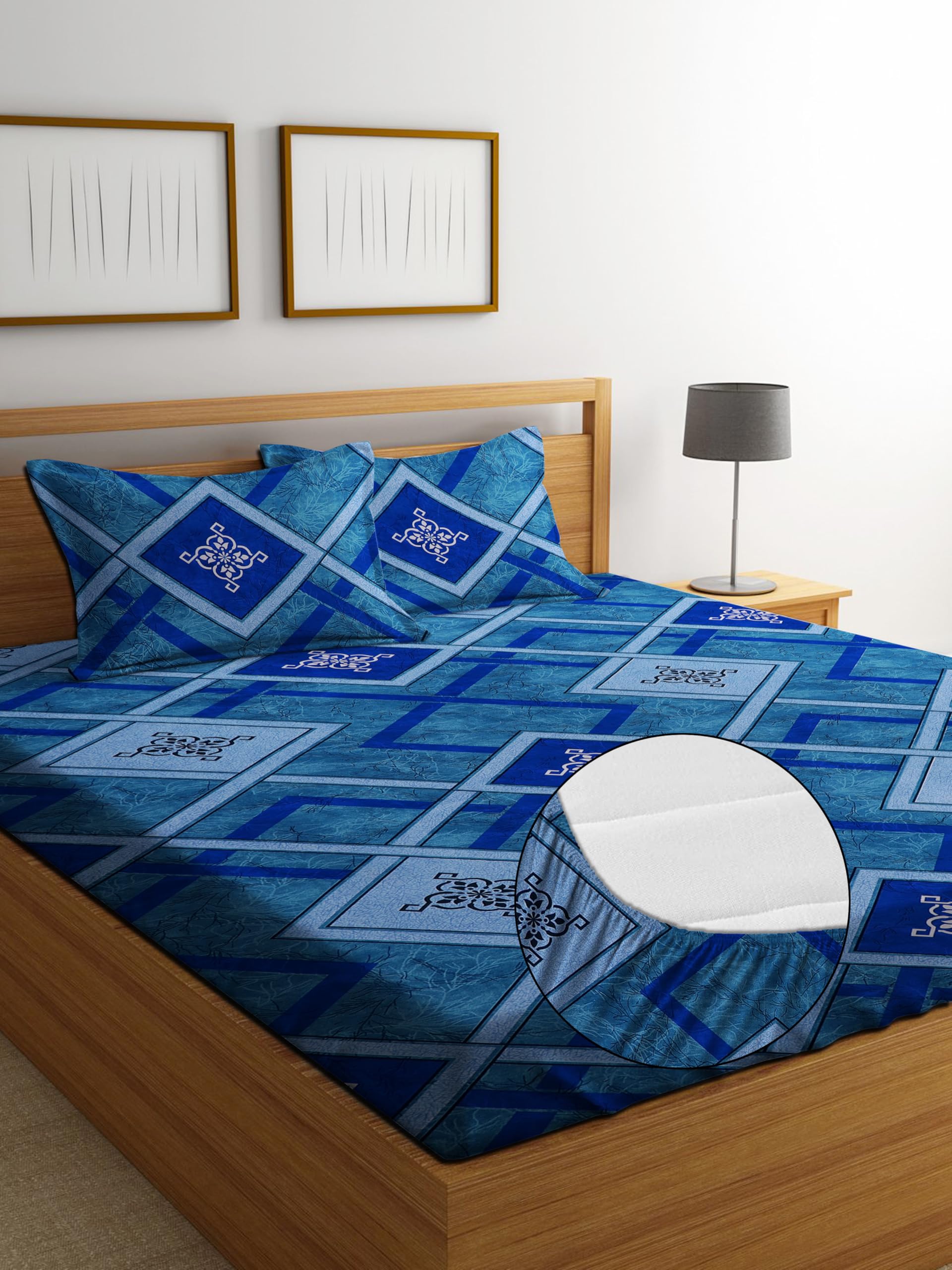 DECORUM Glace Cotton Fitted 1 Bedsheet King Size (72"x78") | All Around Elastic | Cotton Feel | 2 Pillow Covers (17"x27") | Fits Up to 8" Mattress | 200-220 TC | Printed Double Bed Sheet Set