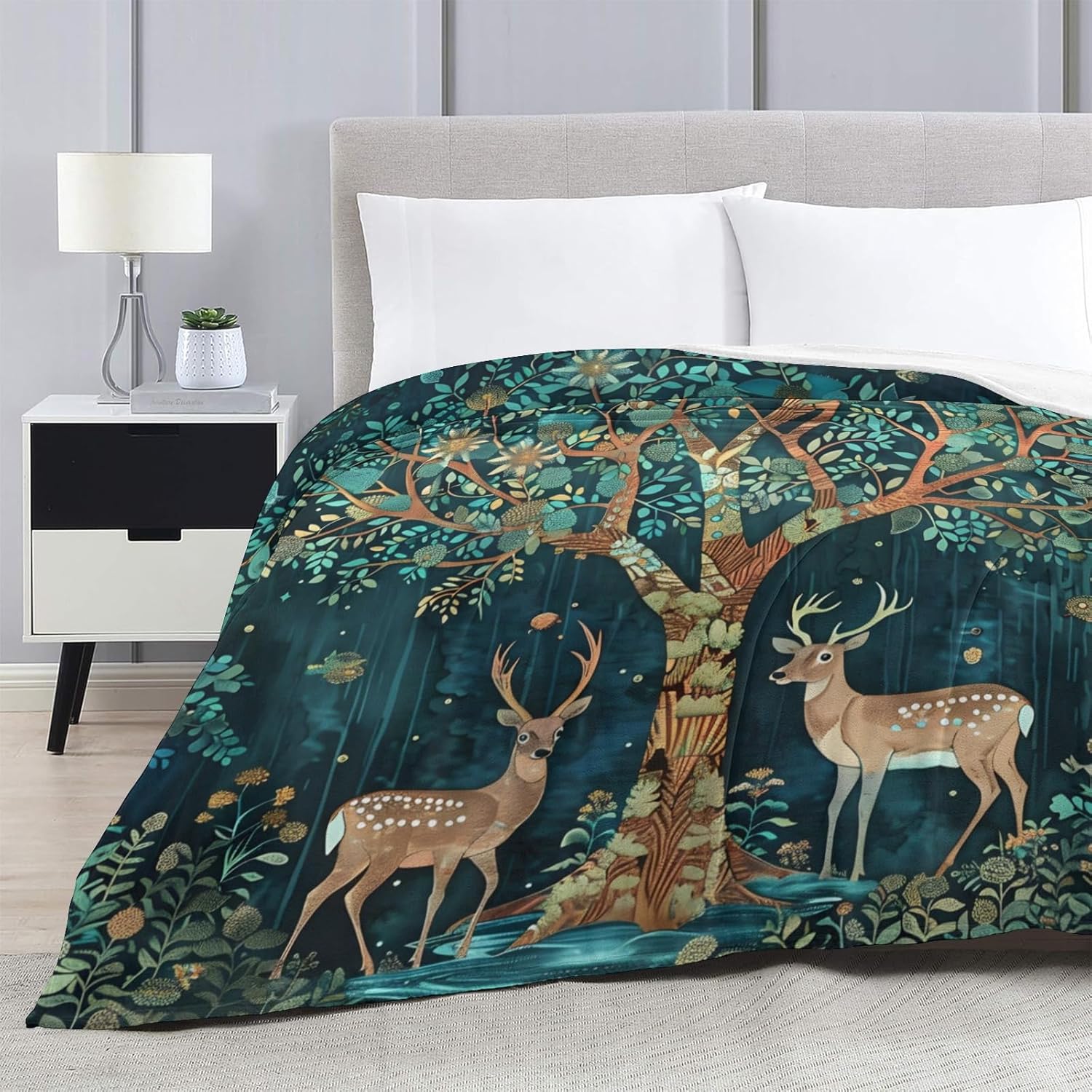 Deer Flannel Throw Blanket, 50×60in - 340GSM Cozy Lightweight Thick Camo Buck Deer Animal Print Blanket - Christmas Birthday Gifts for Women, Men and Kids Bedroom Living Room Couch Sofa Decor