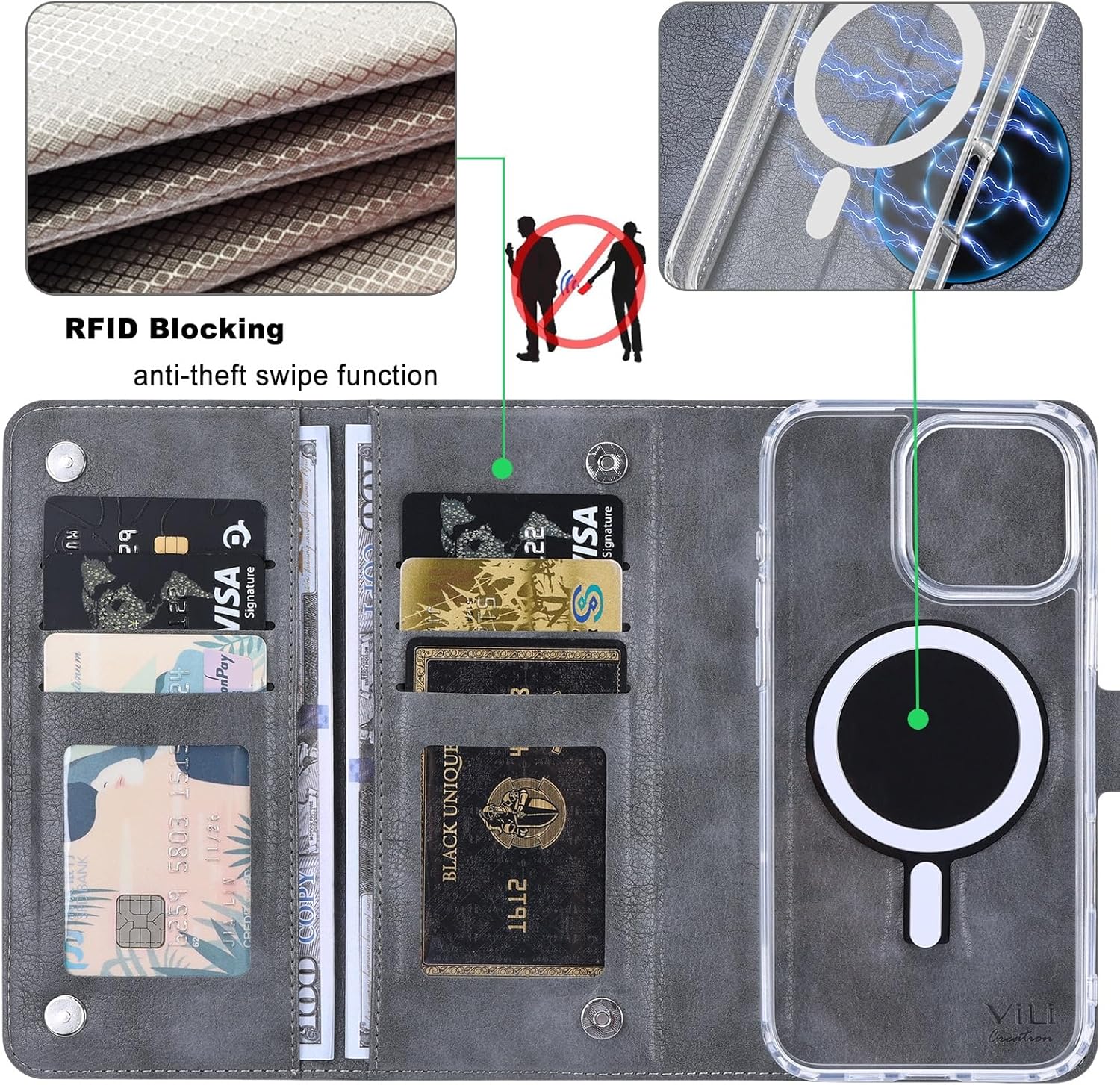 [Clear Case Version] ViLi-GVA iPhone 16 ProMax Compatible 2 in 1 Multiple Card Storage Anti-Skimming Removable Magnet Detachable Detachable Detachable Strap 2-Way Notebook Type Case Antique Gray