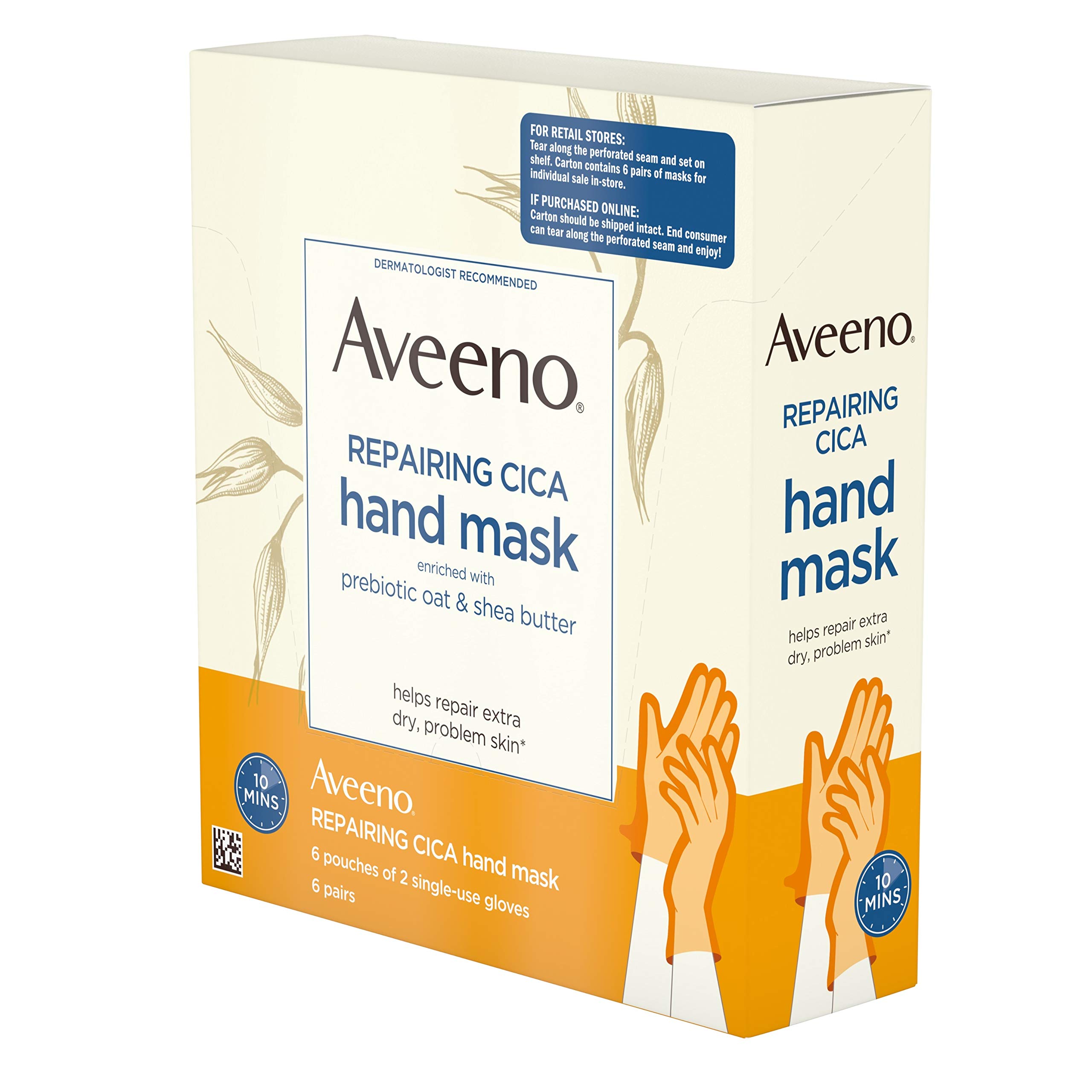 Aveeno Repairing Cica Hand Mask with Prebiotic Oat and Shea Butter, 6 Count
