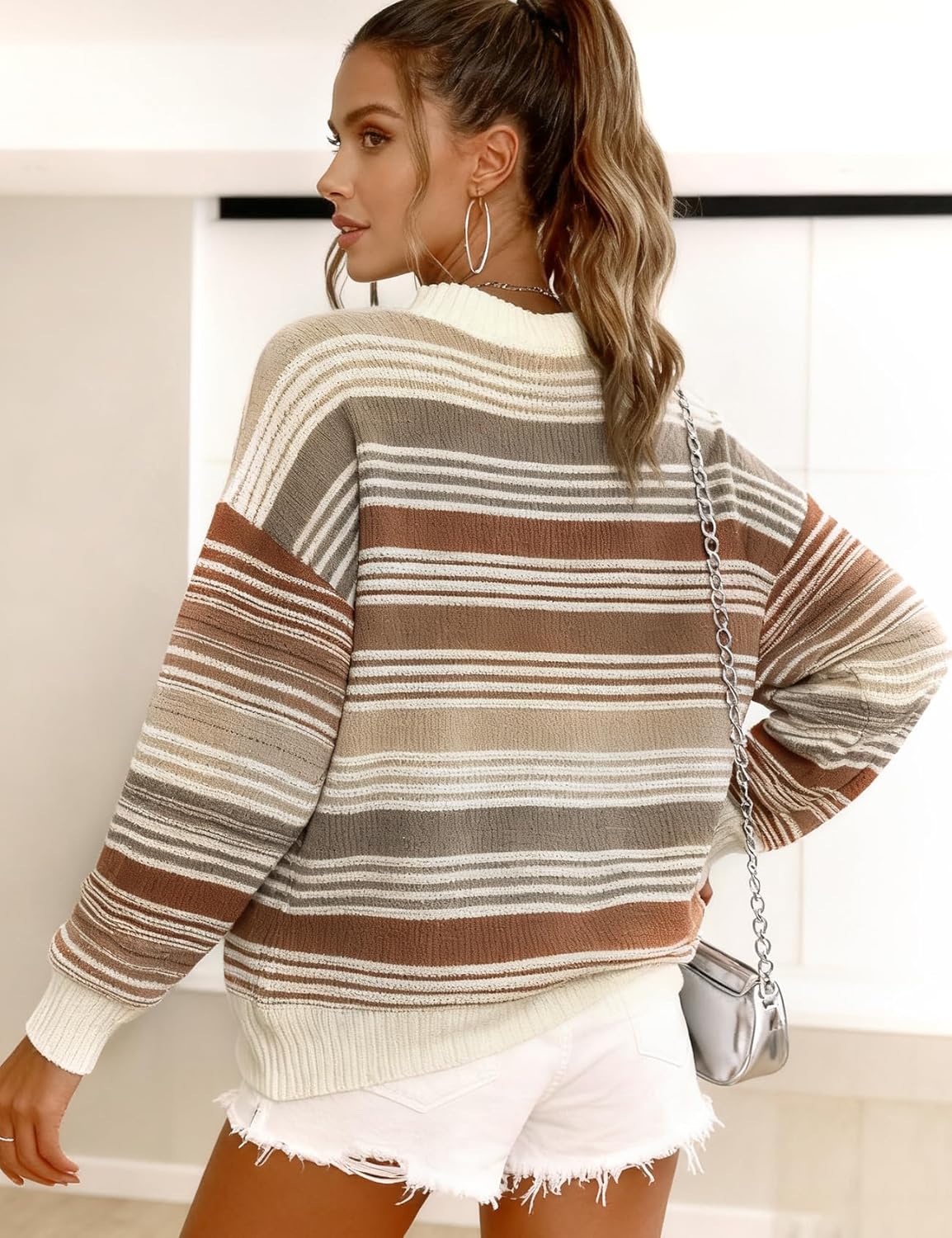 Wyeysyt Womens Striped Pullover Sweaters Fall Oversized Knit Sweaters Crewneck Long Sleeve Loose Tops - Image 4