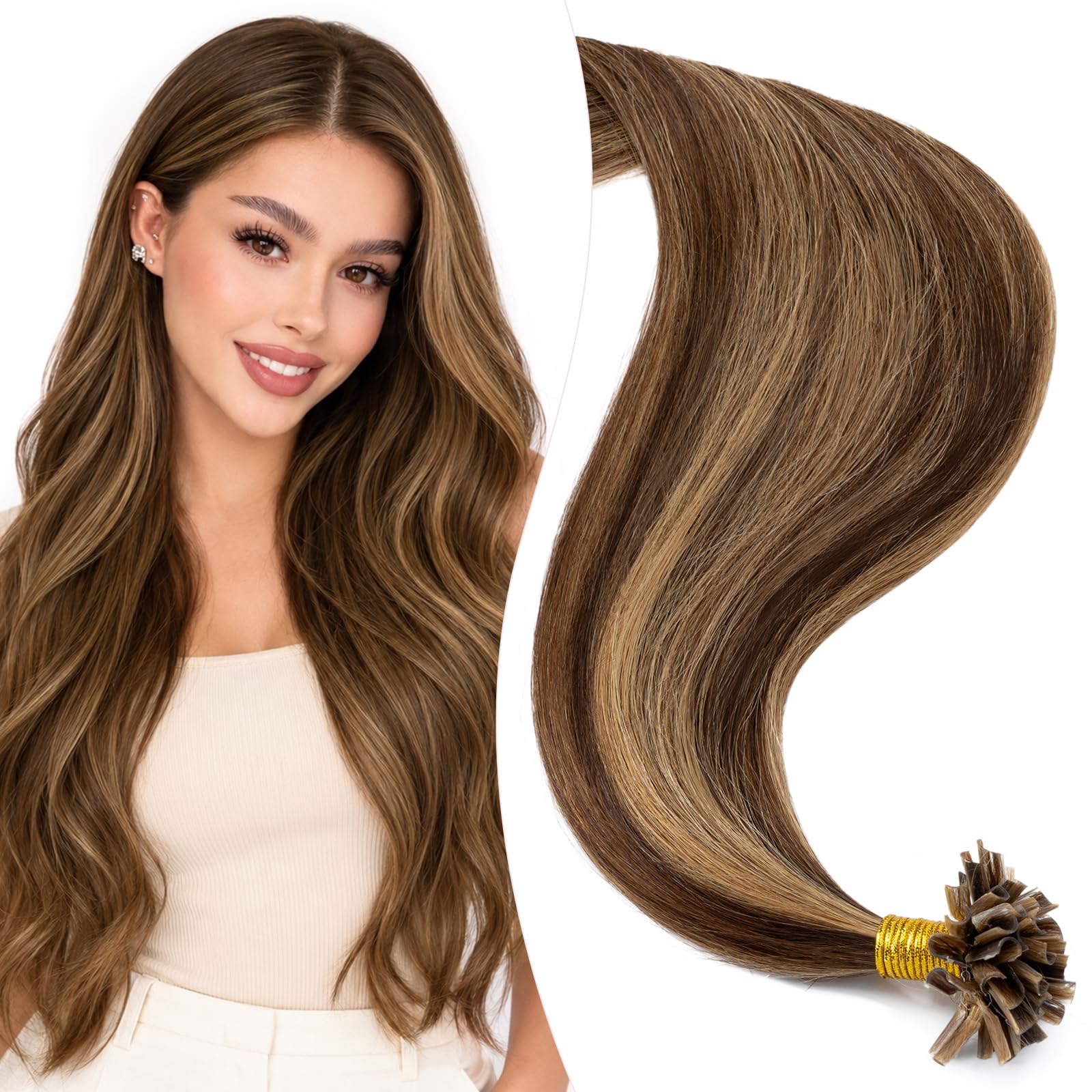Elailite Extension Cheveux Naturel Keratine 1g Rajout Pose a Chaud - Pre Bonded U Tip Remy Human Hair Extensions 50 Mèches (#4+27 MARRON CHOCOLAT MECHE BLOND FONCE, 40cm-50g)