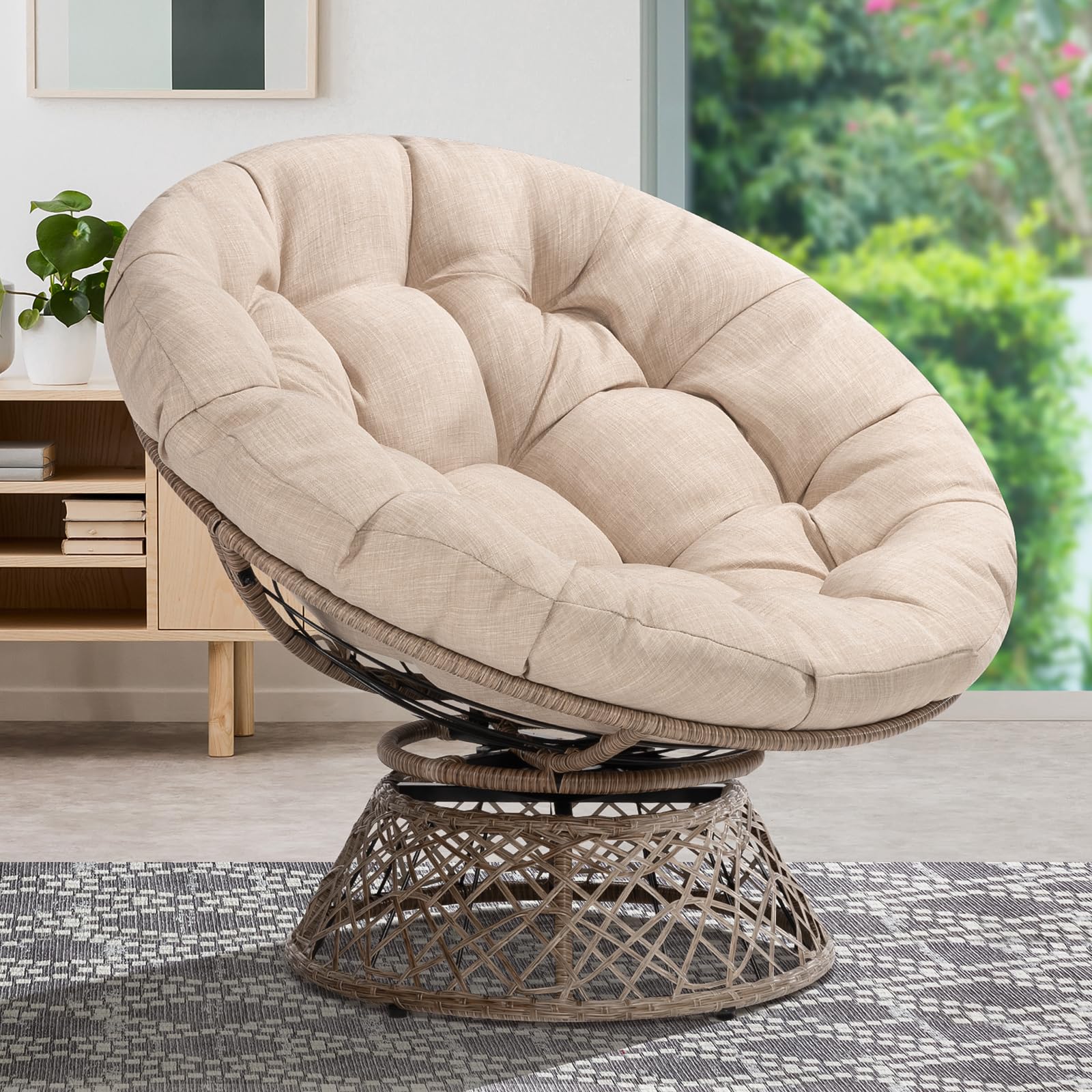 Bme 40' Ergonomic Wicker Papasan Chair with Soft Thick Cushion & Frame, 360° Swivel