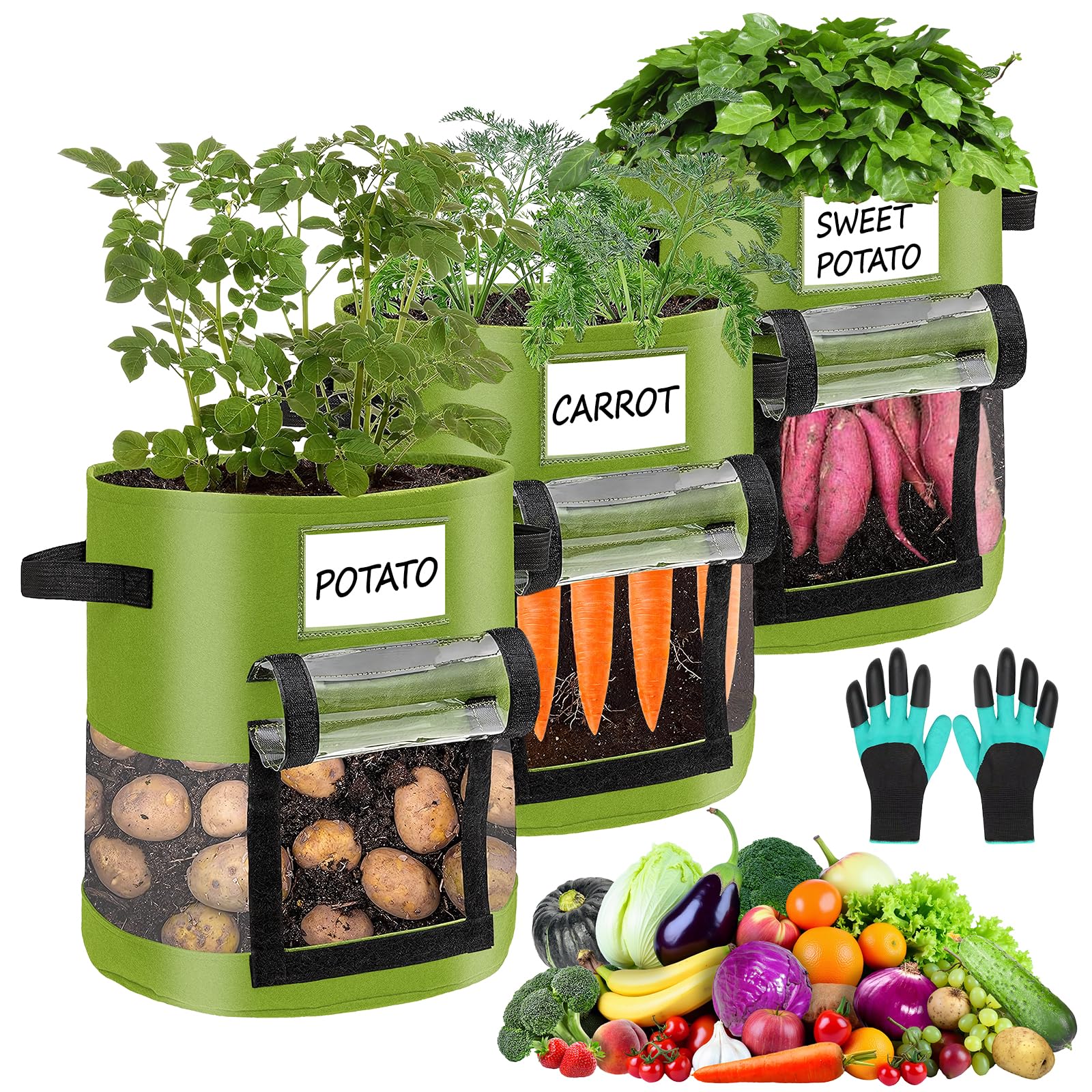 Lafisun Potato Grow Bags 3 Pack 10 Gallon,Garden Planter Bag with Handles and Window Flap, Breathable Non-woven Fabric Garden Plant Pots for Vegetable Fruits Tomatoes Carrot Onion