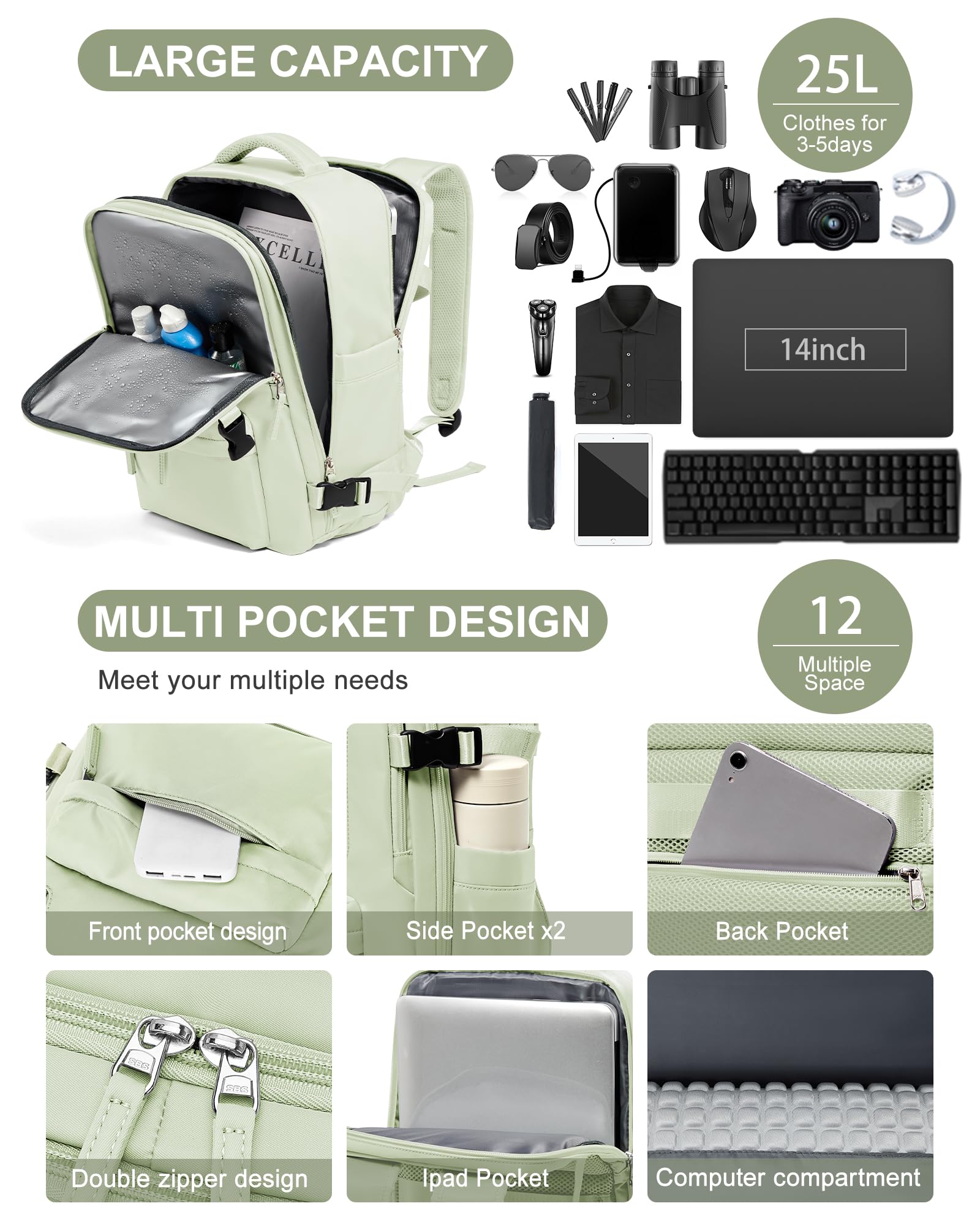 BJLFS Borse da Cabina per Ryanair 40×20×25 Bagaglio a Mano Easyjet 45×36×20 Borsa Zaino da Viaggio, Zaino da trekking,Zaino Casual per laptop da 14 pollici per scuola