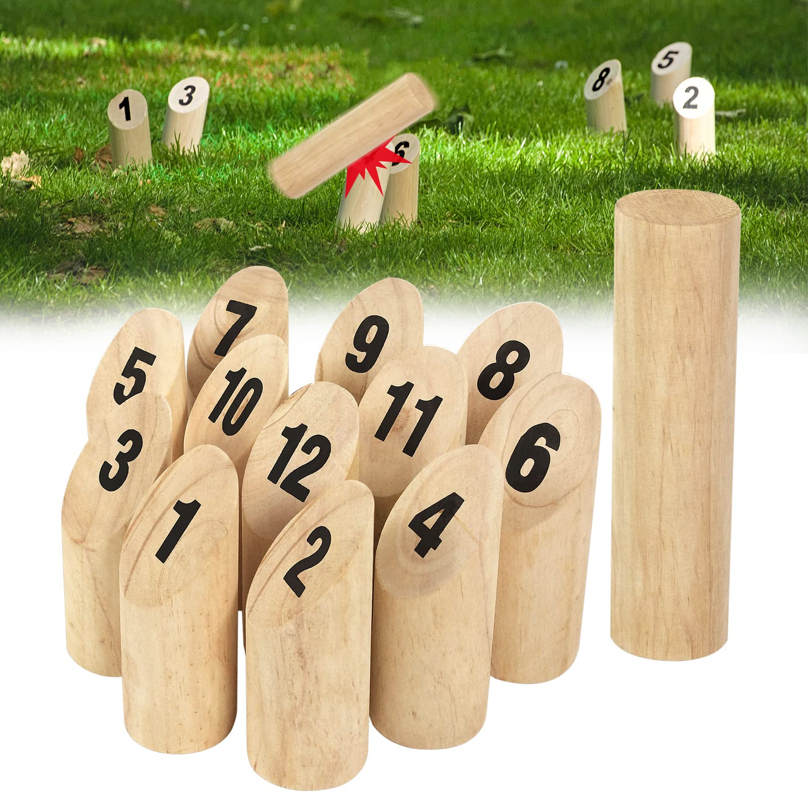 Aufun Kubb Jeu de lancer viking en bois de pin avec 12 chiffres en bois, jeu d'échecs viking, jeu de cônes en bois, jeu de lancer en bois pour enfants et adultes