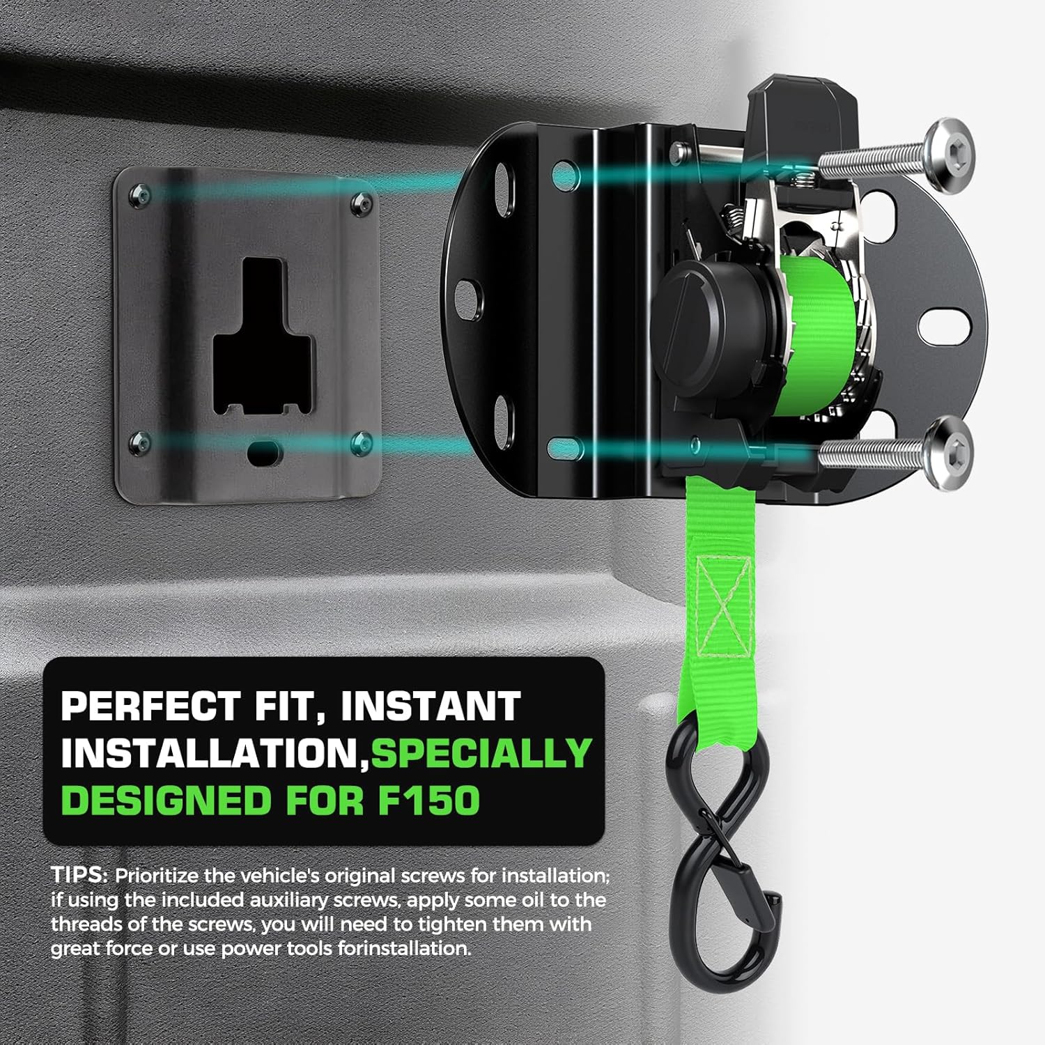 Kingfun Retractable Ratchet Straps for 2015-2026 Ford F150 Accessories, Self Retracting Tie Down Straps (2-Pack), 1,500lb Break Strength Heavy Duty Truck Bed Securing System, 1 Inch x 10 Feet, Green - Image 4