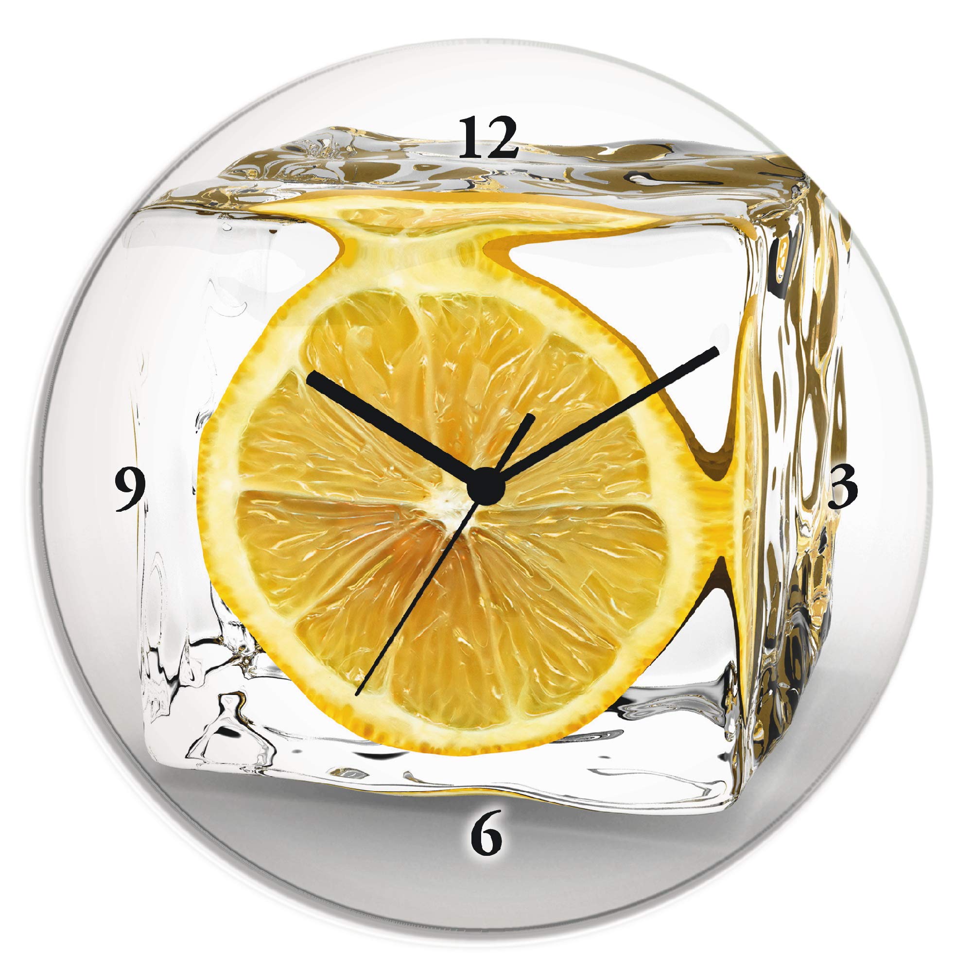ARTLAND Wanddeko Wanduhr ohne Tickgeräusche Glas Quarzuhr Ø 30 cm Rund Lautlos Obst Früchte Zitrone im Eiswürfel Frucht Kreativ T5XT
