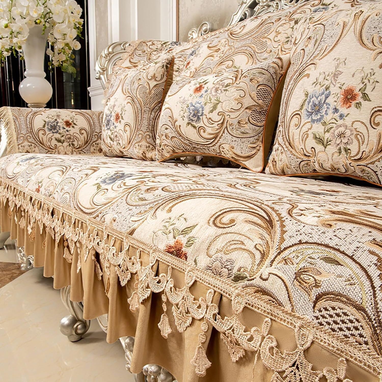 JvFbjLF Vintage Floral Lace Velvet Sofa Protects Home Furnishings Elegant Furniture Cover