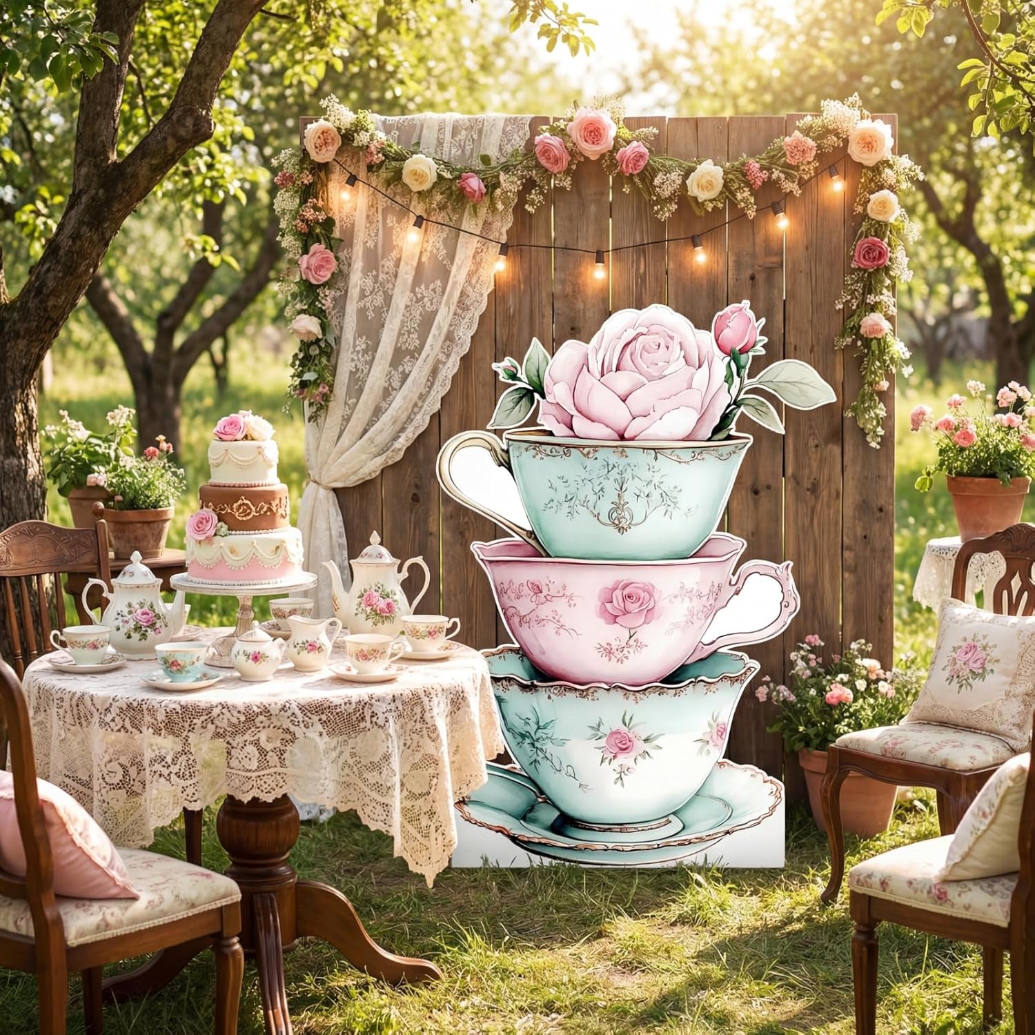 Colingmill Tea Party Decorations Tea Cups Cardboard Cutout 35.4 x 24.6 Inch Floral Party Baby Shower Photography Background for Women Birthday Bridal Decorations