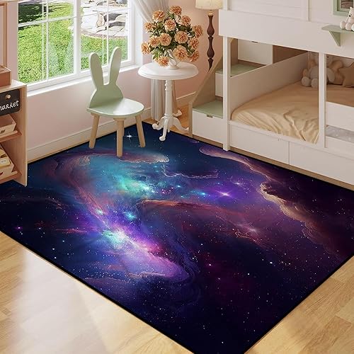 Miniatura 4 de Alfombra de área Galaxy para dormitorio, sala de estar para niñas, niños, alfombra grande de nebulosa vórtice, alfombra de suelo de nube morada y