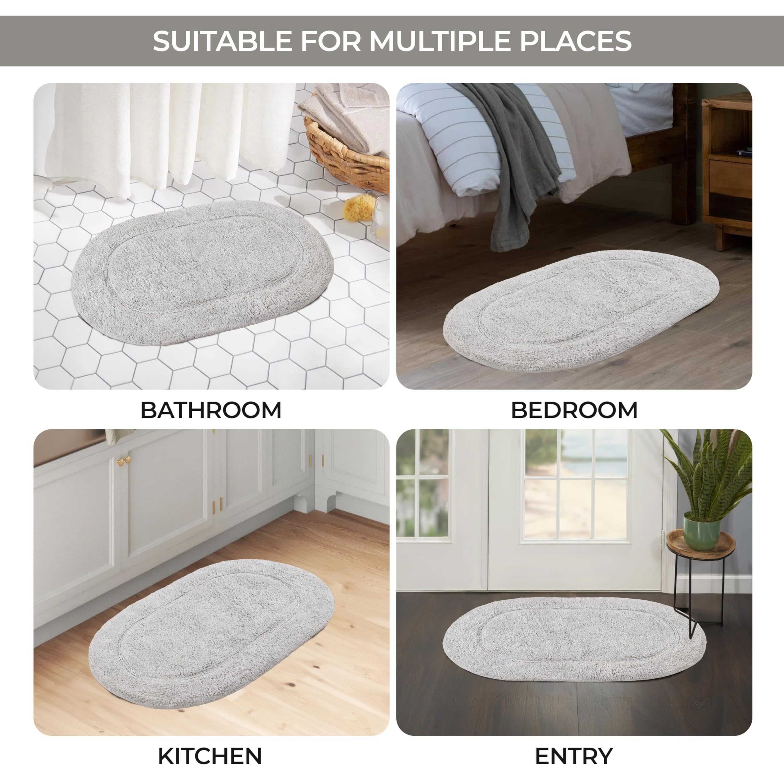 Superior Non- Slip Cotton Oval Bath rug with Spray Latex Backing Tappeti da Bagno, Cotone, Argento-Ovale, 2 PC Set