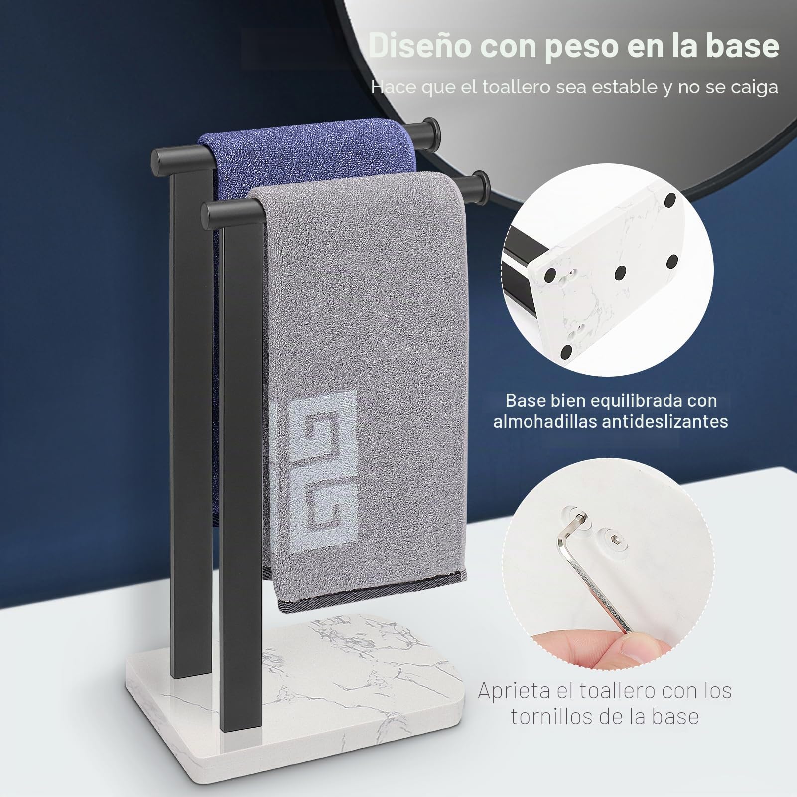 NearMoon Toallero de Mano con Base de mármol equilibrada, Soporte de Acero Inoxidable SUS304 en Forma de L, toallero de pie con aro para baño, Cocina o encimera (Barra Doble, Negro Mate)