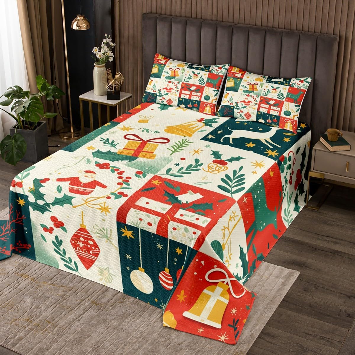 Christmas Santa Claus Bedding Set Twin Size,Christmas Tree Bells Bedspread,Deer Xmas Holly Leaves Flower Comforter Set for Kids Girls Boys Teens,Red Green Grid Coverlet Quilt,1 Pillowcase