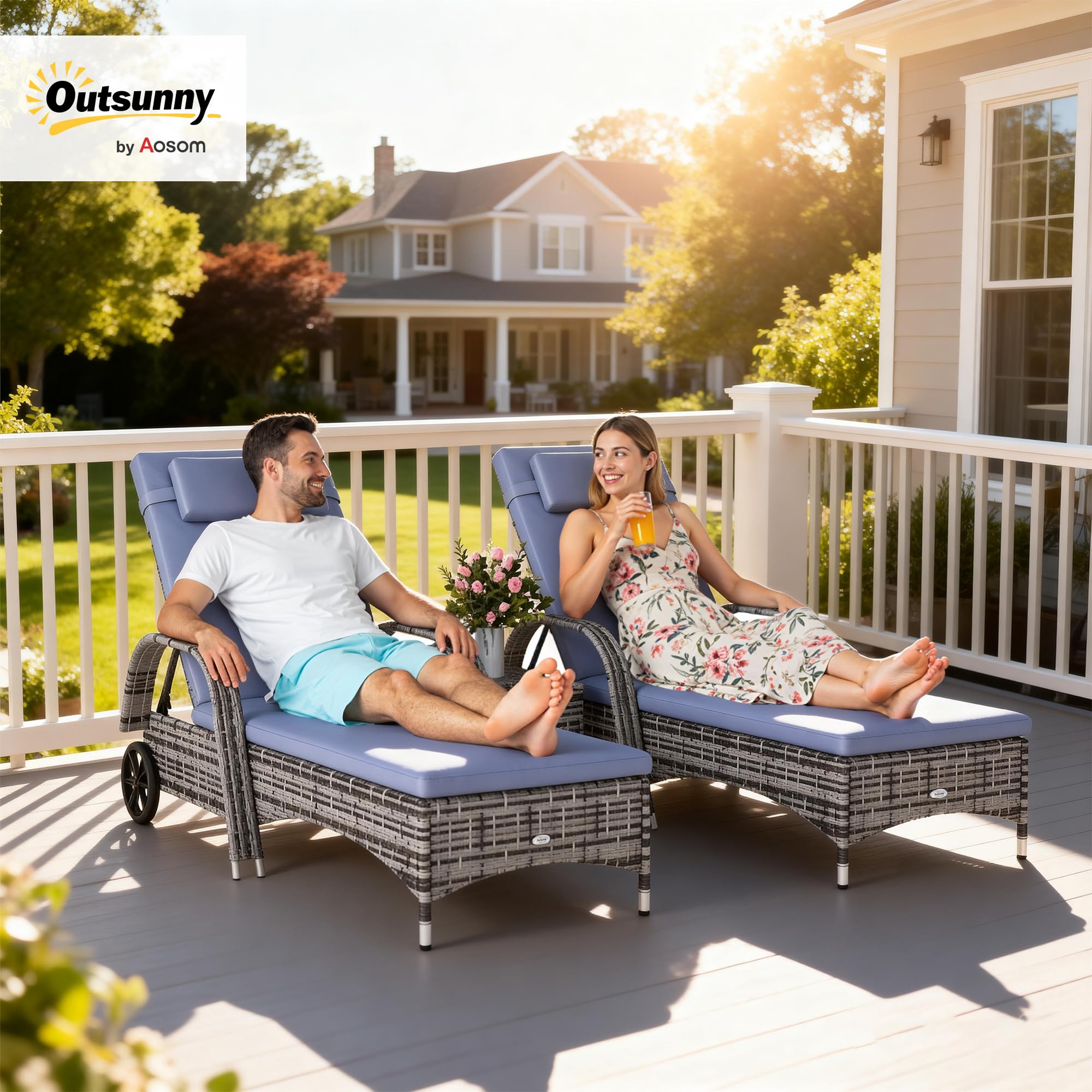 Outsunny Lot de 2 Transats Bains de Soleil Grand Confort : Matelas Gris