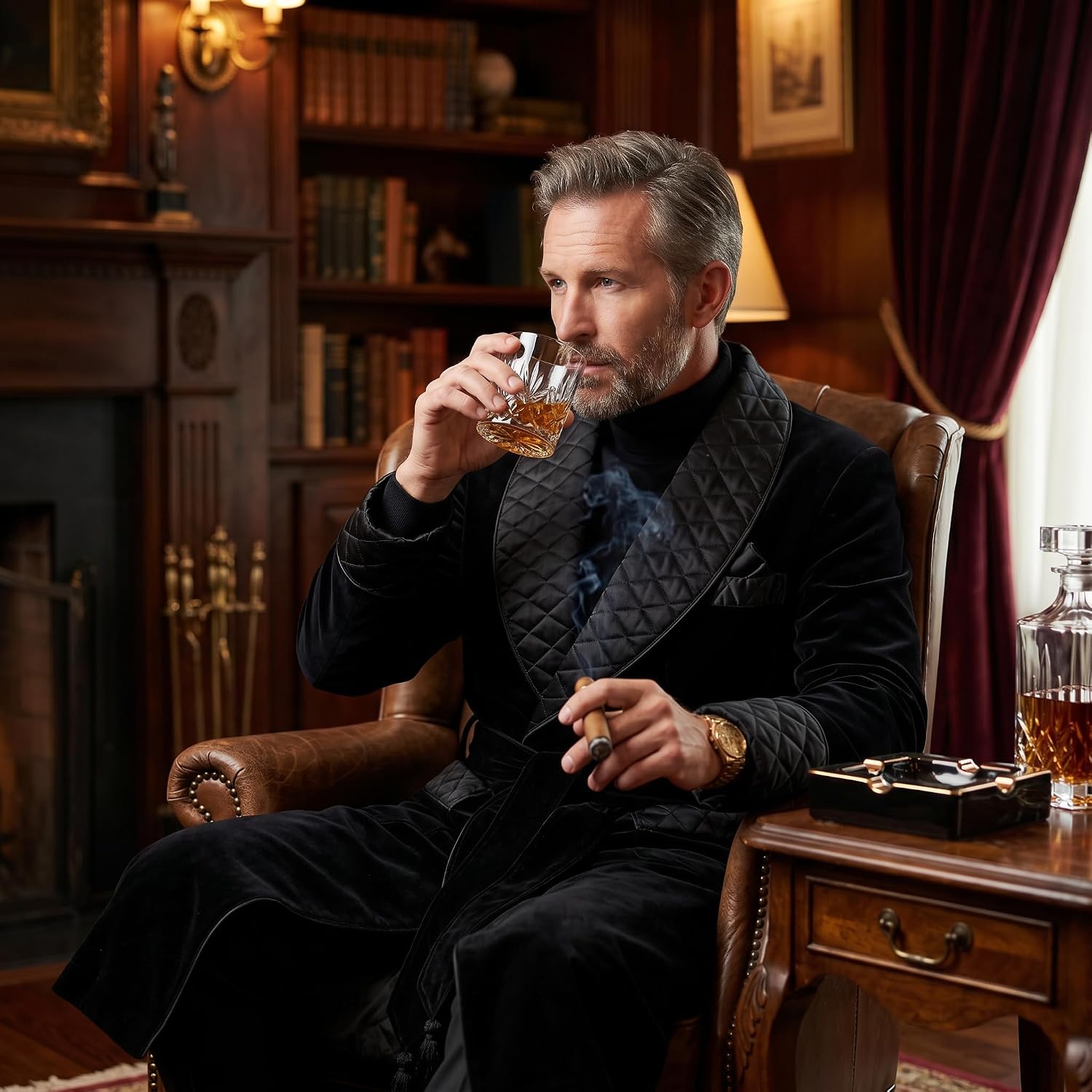 Men Smoking Robe Quilted Dressing Long Gown Smoking Jacket Coats Party Wear Black Velvet Long