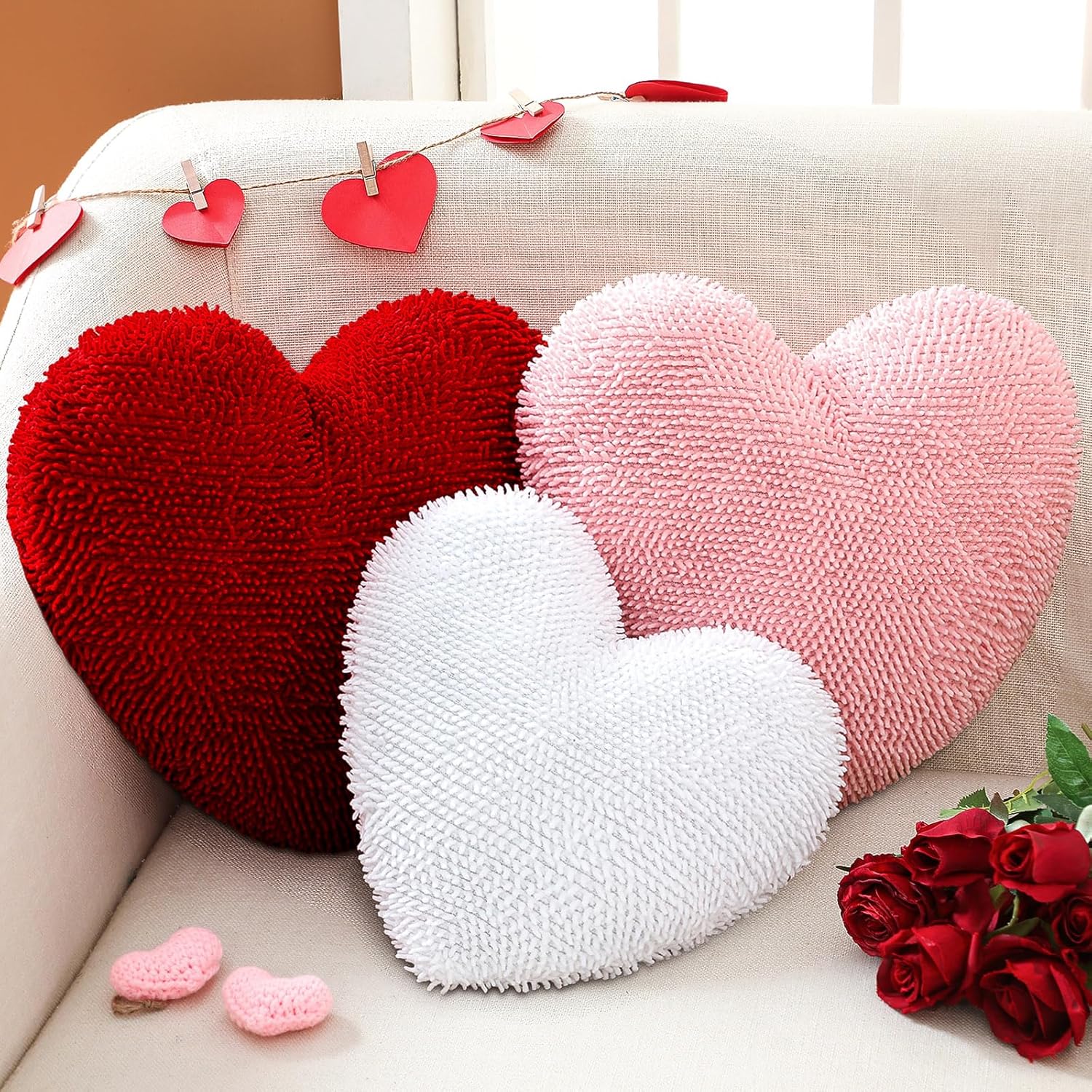 Wonderjune 3 Pcs Valentine's Day Heart Shaped Pillows Galentines Heart Shaped Throw Pillow Plush Soft Velvet Red Pink White Pillows for Valentine Galentine Party Friends Gift Living Room/Dining Room