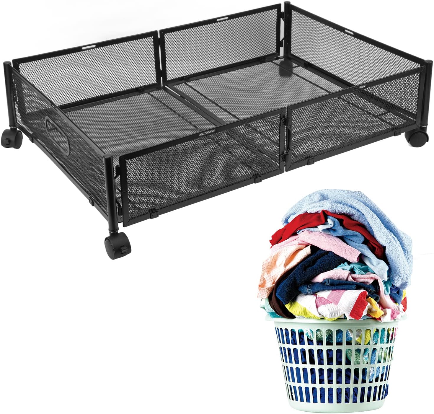 21 x 15in Under Bed Storage Containers with Wheels, Under Bed Shoe Storage Organizer Drawe Tool Frees Assembly Foldable Metal Under Bed Storage Containers for Clothes Black(Black)