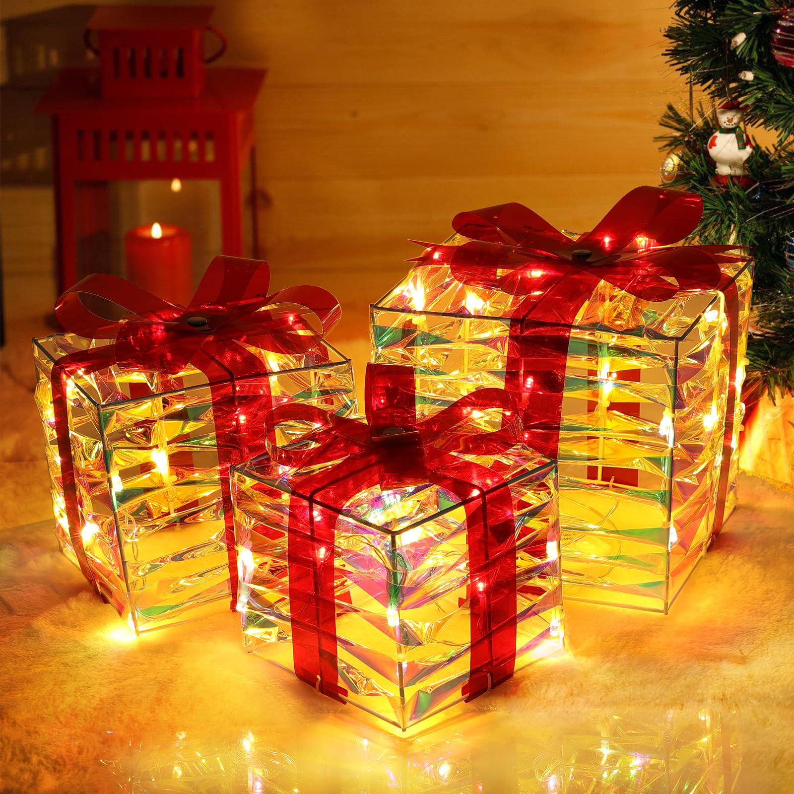 Christmas Lighted Gift Boxes Decorations, 3pcs Warm Light Colorful Acrylic LED Decorative Gift Box, Present Box with Pre-lit