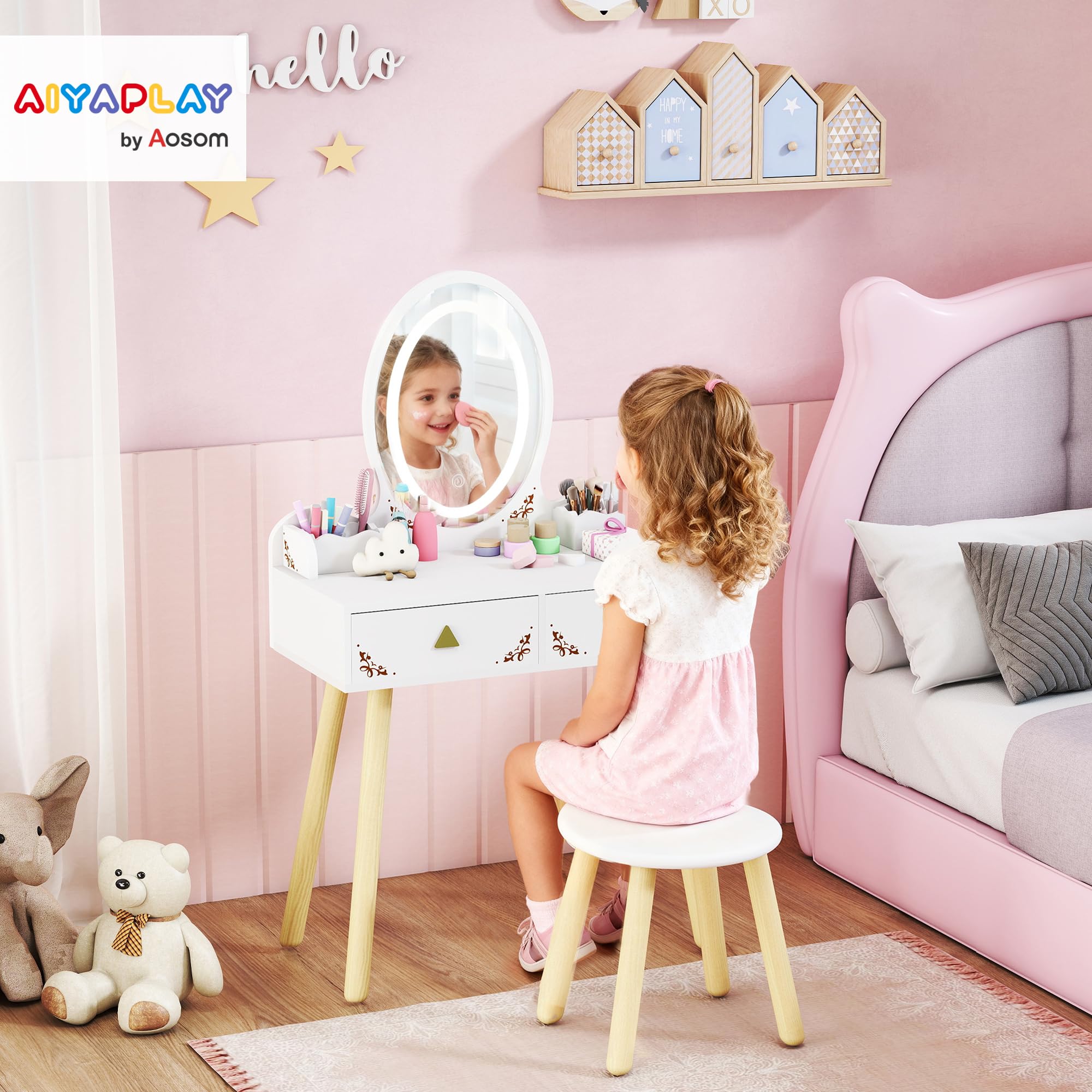 AIYAPLAY Set Toeletta 2 in 1 con Specchio Illuminato e Sgabello, Tavolo da Trucco con Luce LED a 3 Colori, 2 Cassetti e 2 Scatole in Legno, Tavolino per Bambini da 3+ Anni, Bianco
