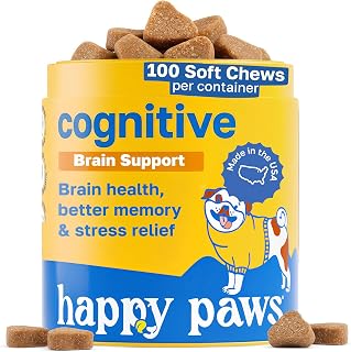 Happy Paws Cognitive Supplement for Dogs, Chicken Soft Chews with Taurine, Spirulina, CoQ10 & Vitamins B1, B3, B12, Supports Cognitive Function, Memory and Focus, Chews for Small to Large Dogs, 100 Ct