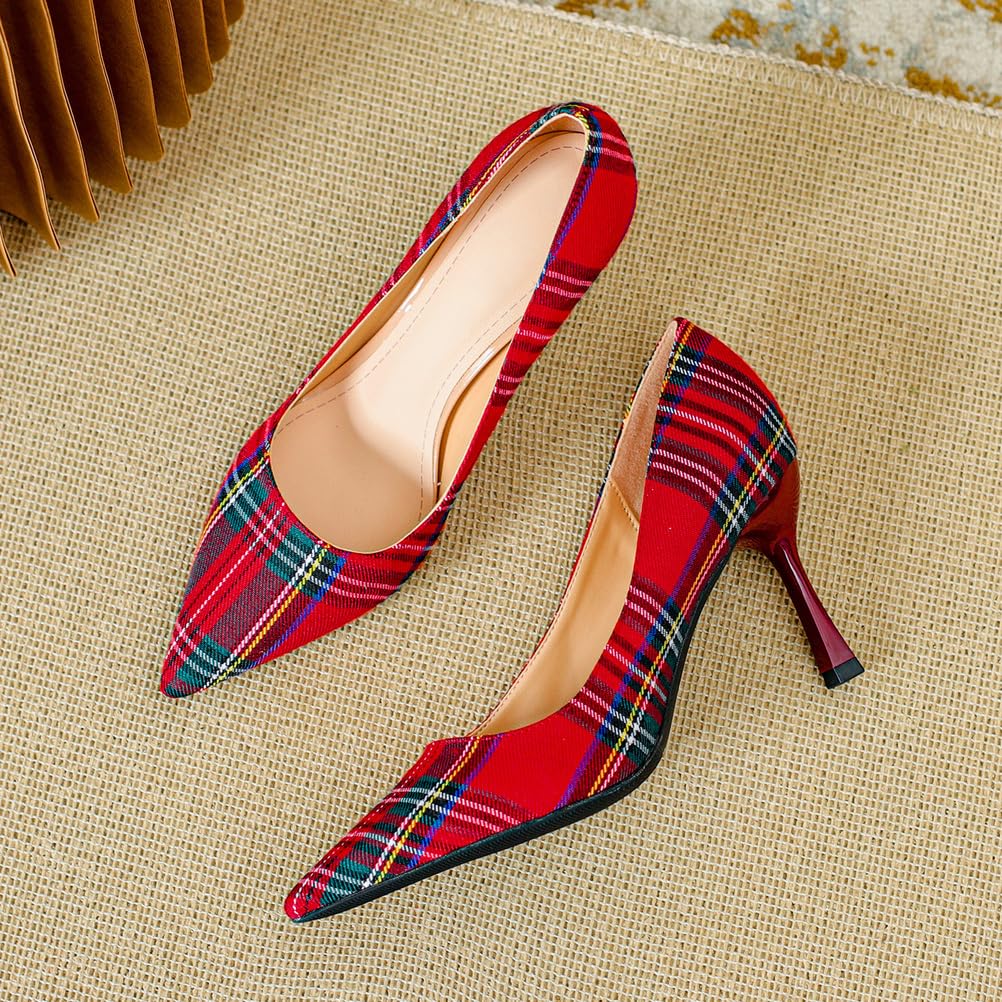 Zapatos de Tacón Mujer Lona Cuadros Vichy Punta Afilada Tacón de Aguja Delgado 7.5cm con Suela Antideslizante para Trabajo & Eventos Jardín