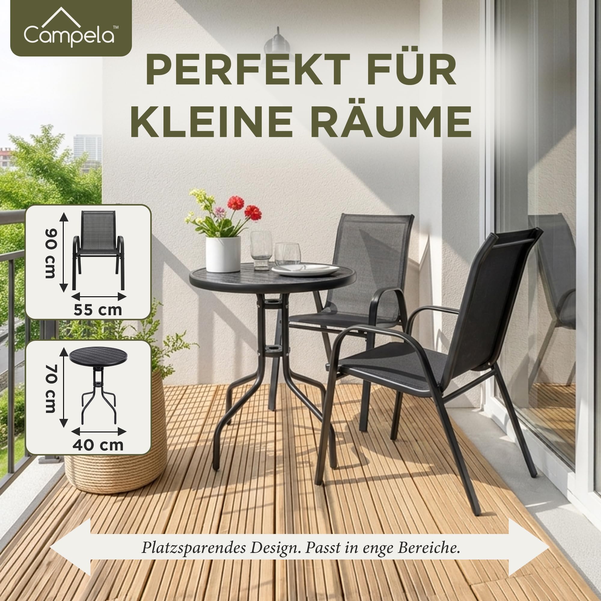 Balkonmöbel Set Für Kleinen Balkon Wetterfest – Gartenmöbel 3-teilig Aus Metall – Outdoor Sitzgruppe Mit Tisch Und 2 Stühlen – Balkonmöbel 2 Personen Für Terrasse