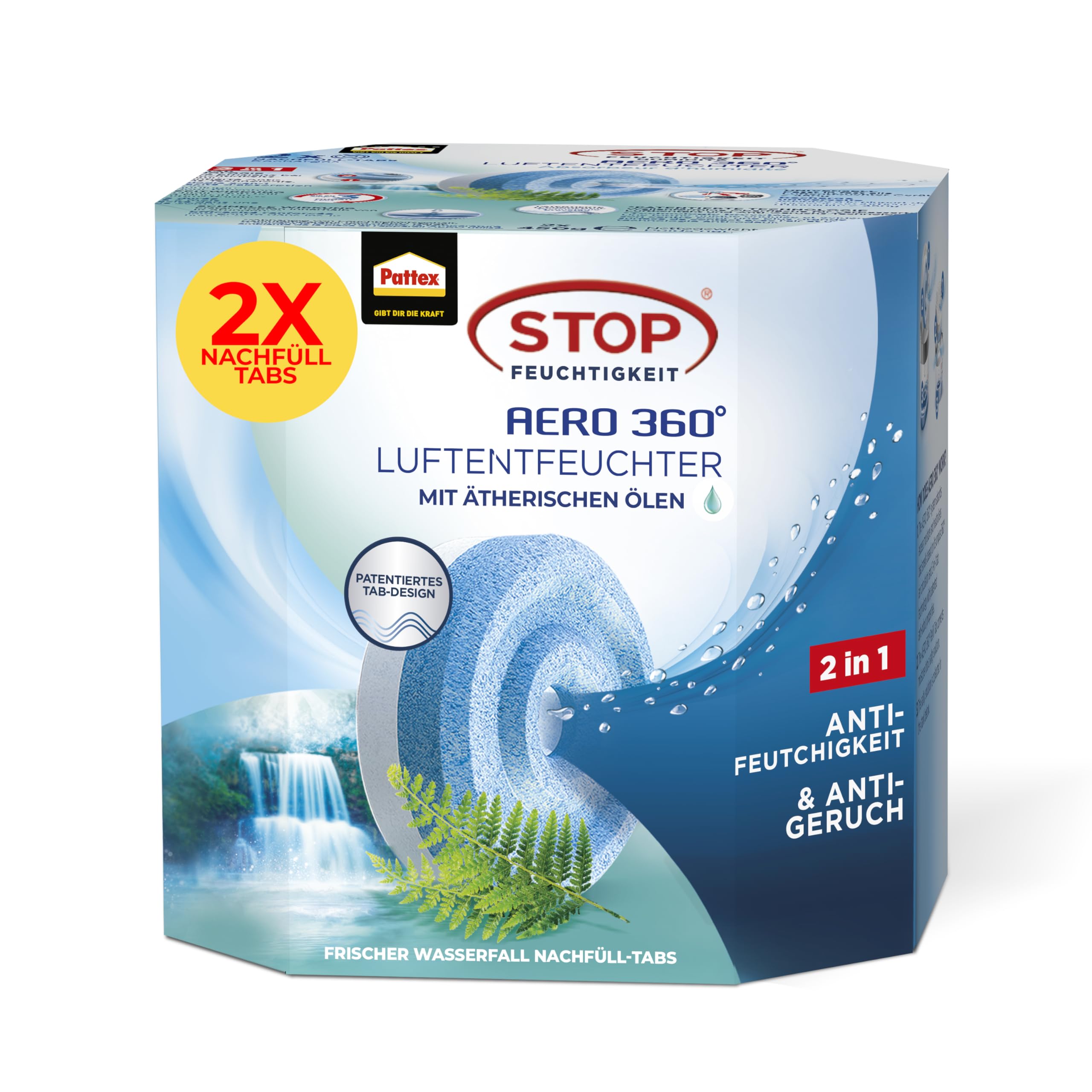 Pattex AERO 360° Frischer Wasserfall Tabs Nachfüllpack, reduzieren Feuchtigkeit und schlechte Gerüche, Nachfülltabs für den Luftentfeuchter AERO 360°, 2er-Pack (2x450g)