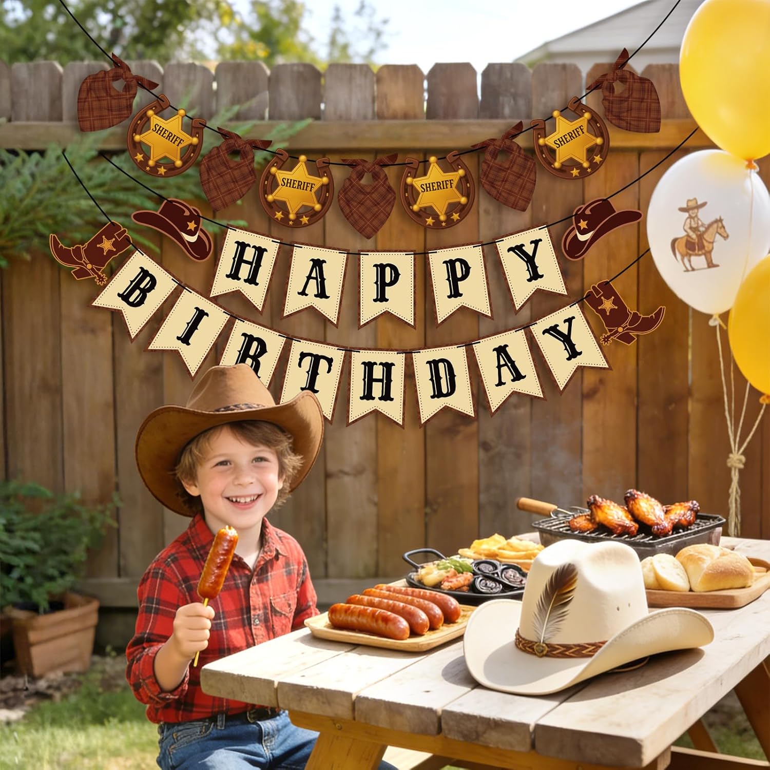 GCQQ Western Cowboy Happy Birthday Banner - Rustic Wild West Birthday Decorations 9.8FT Pre-Strung Cowboy First Rodeo Theme Party Supplies 7×5Inch Sheriff Badge & Horse Paper Bunting Garlands for Boy & Girls - Image 4