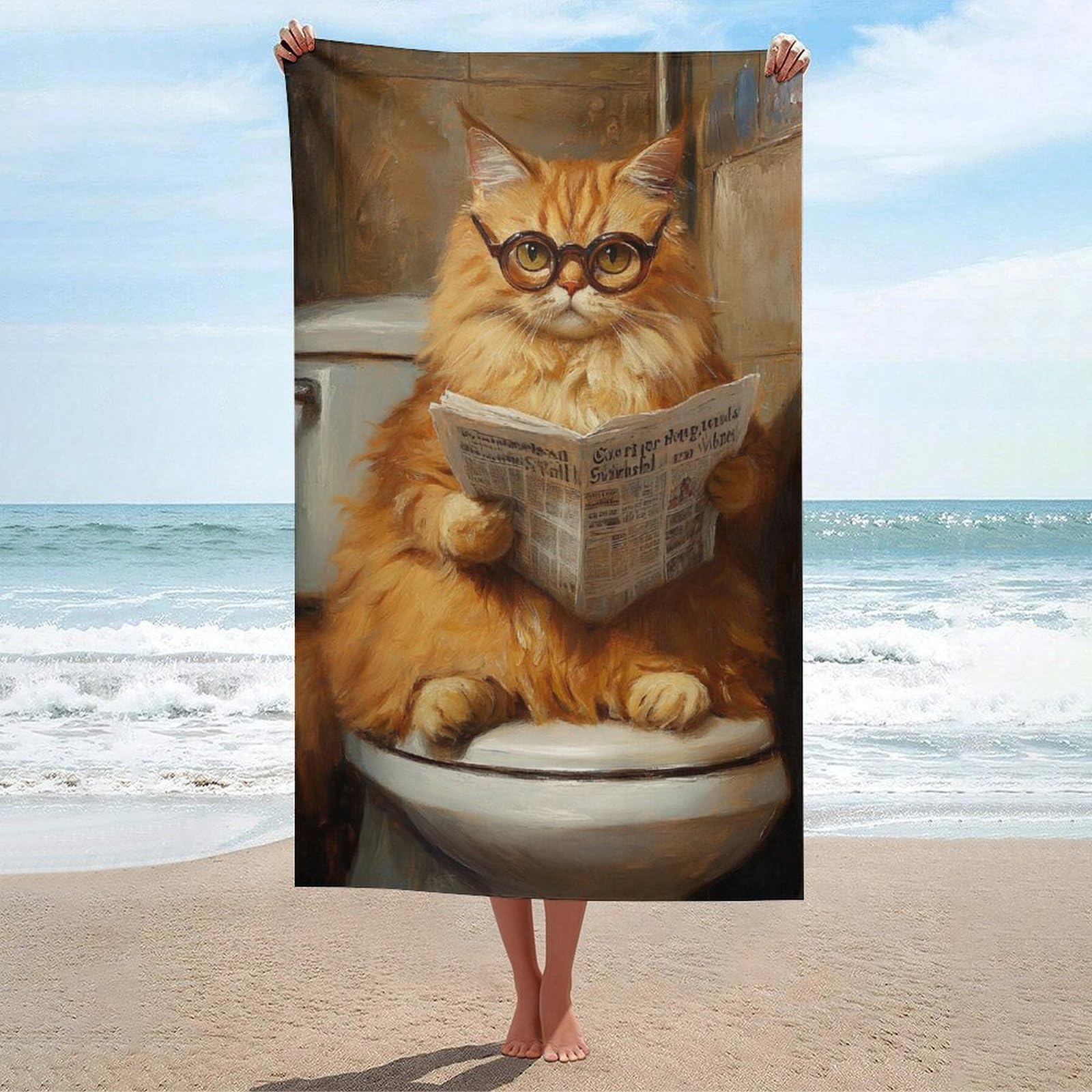 Serviette de plage chat curieux toilette, drap de bain anti sable léger pour la piscine