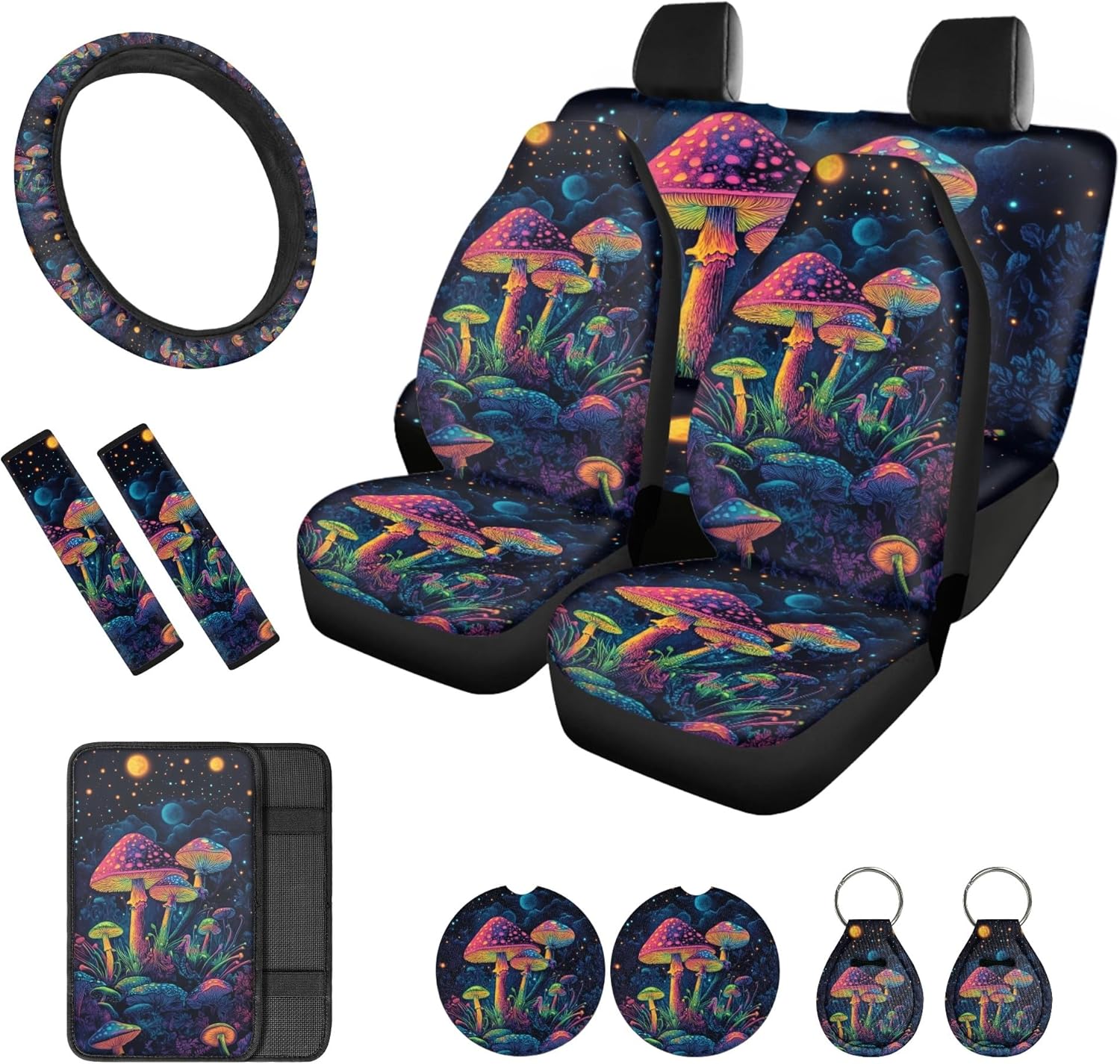 12 Pcs Car Seat Covers Full Sets, Mushroom Print Car Front and Back Seat Cover with Steering Wheel Cover Seat Belt Pads Armrest Cover Coaster Keychain, Universal Fit Car Interior Accessories