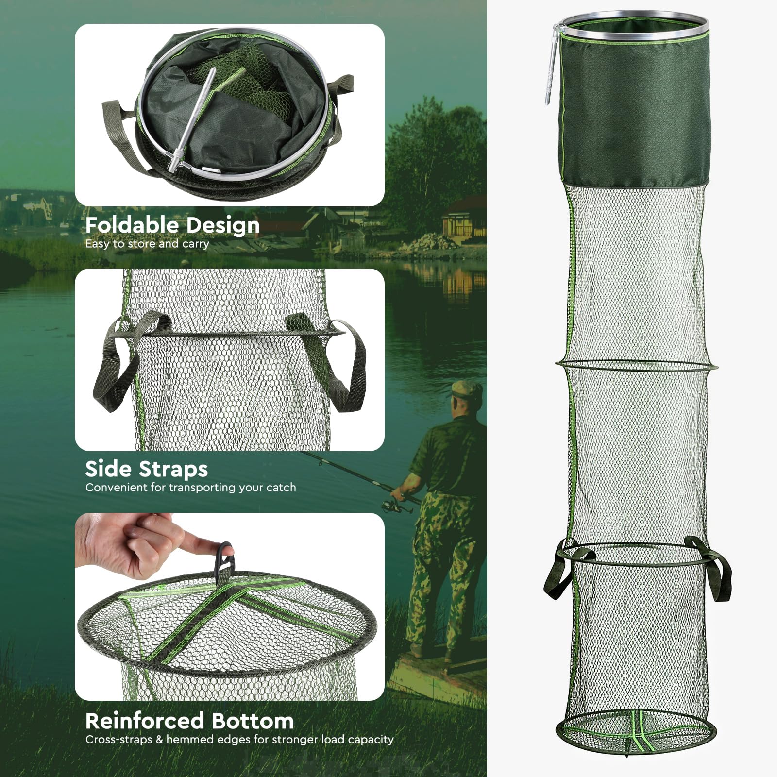 SWAWIS Filet de Maille des Poissons Pliable 170x33x33cm/200x33x33cm, Nylon et Alliages d'Aluminium, Panier à Poissons pour Conservation Temporaire du Poisson Crevettes Crabes Pendant la Pêche