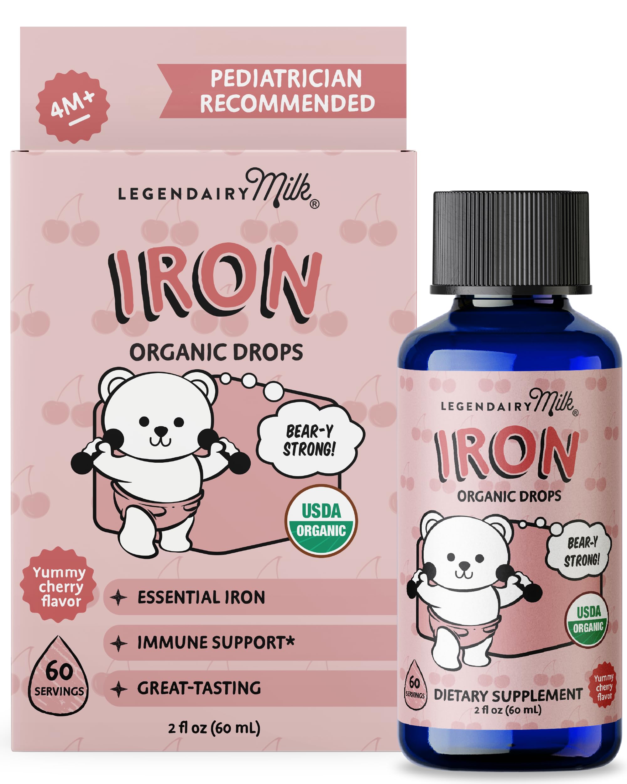 Legendairy Milk Organic Liquid Iron Supplements for Kids - Sugar Free Liquid Iron for Kids - for Ages 4 Months to 3 Years - Cherry Flavor, 60 Servings