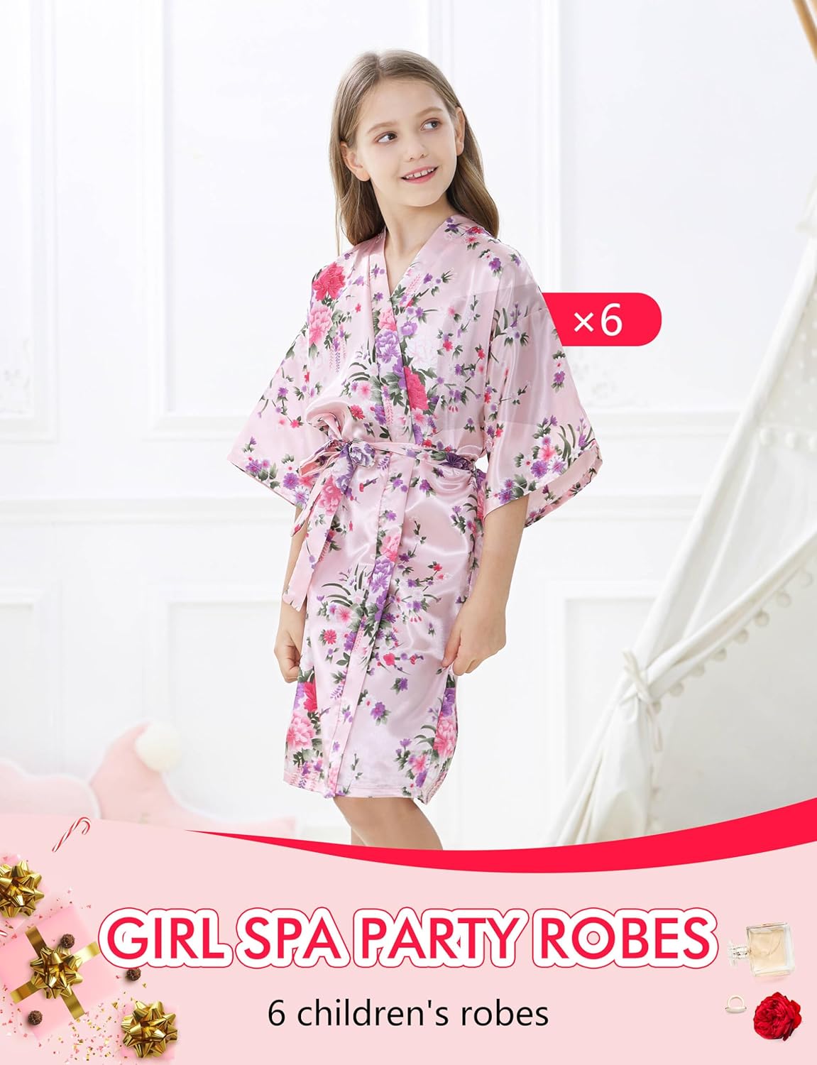 6Pcs Girls Silky Robes Birthday Girl Spa Party Wedding Bridal Party Flower Girl Robe Kimono