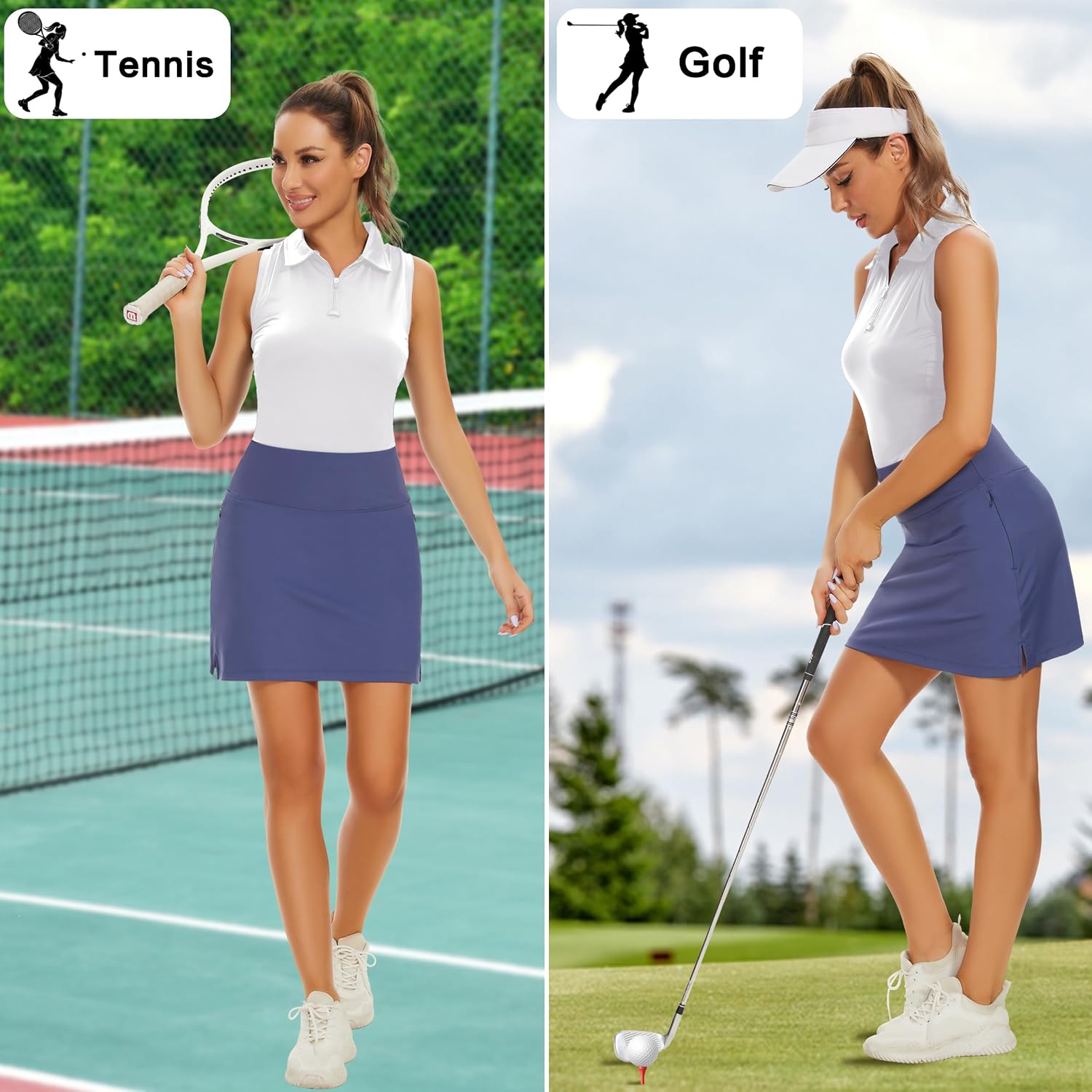 MIVEI 16" Golf Skorts Skirts for Women High Waisted Stretch Athletic Tennis Travel Casual Running with Zipper Pockets UPF50+