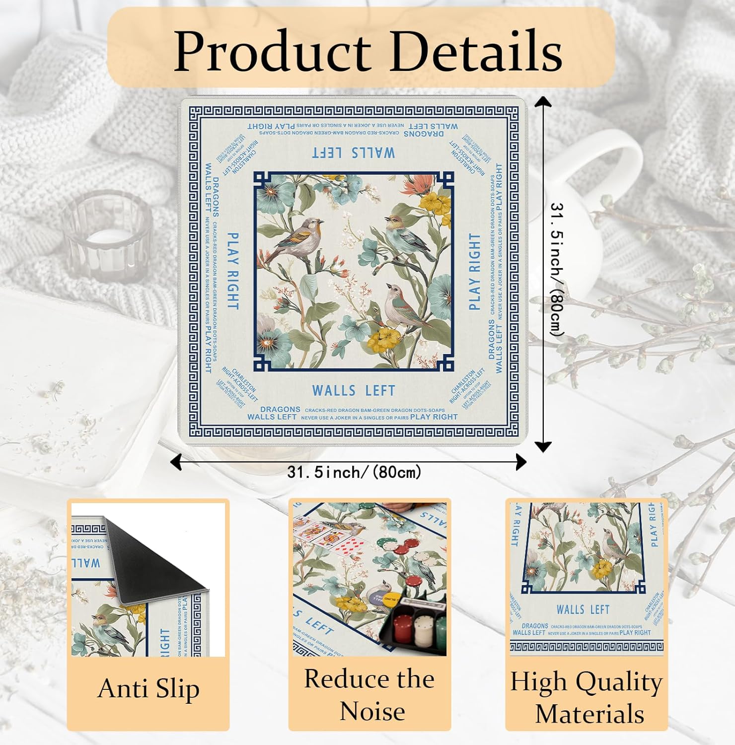 Beige Birds Chinoiserie Floral Mahjong Mat 31.5 x 31.5 Inch, Vintage Botanical Non-Slip Noise Reduction Mahjong Table Mat for American Mah Jong Poker Card Board Games Dominoes