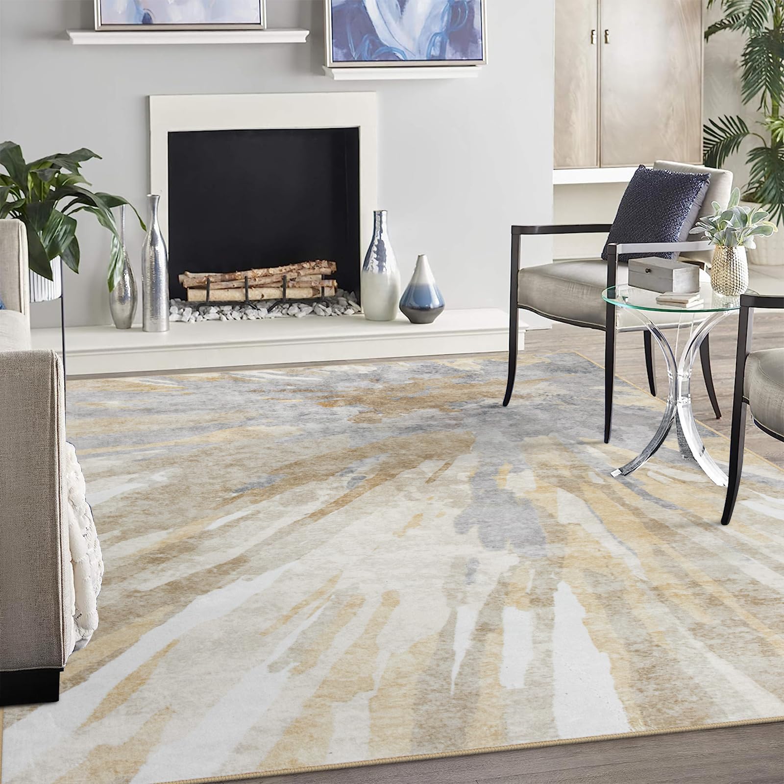 LIVEBOX Neutral Bedroom Rug 8x10 Under Bed, Abstract Washable Area Rug Non-Slip Low-Pile Room Carpet for Bedroom, Soft Faux Wool Modern Large Rug for Dining Room Office, Khaki