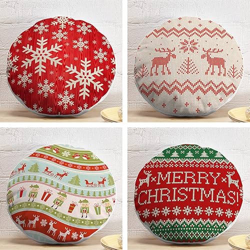 Juego de 4 fundas de almohada redondas – Decoración del hogar con círculo de Feliz Navidad, juego de cuatro fundas de cojín de microfibra versátiles