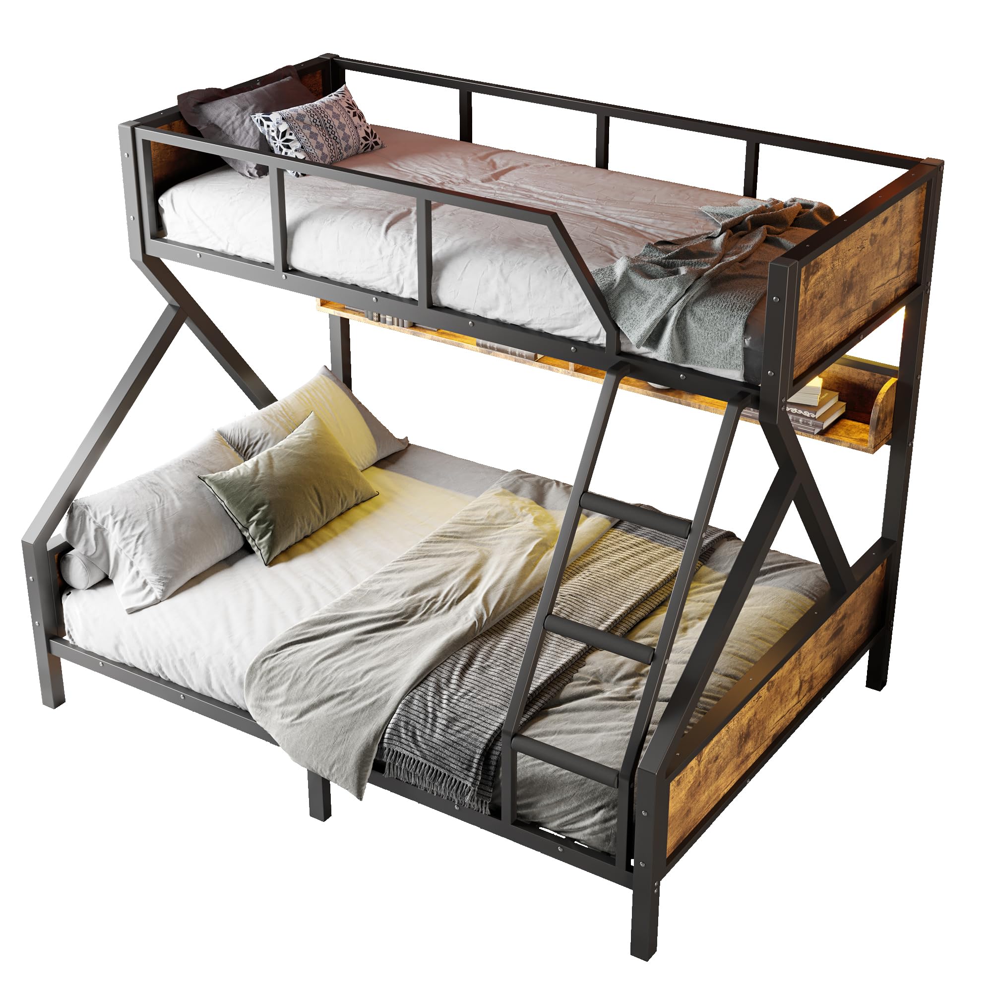 Twin XL over Queen Bunk Bed with Shelves, Metal Bunk Beds with Ladders and Lights, Heavy-duty Bunkbed for Bedrooms, Guest Rooms and Dorms, No Box