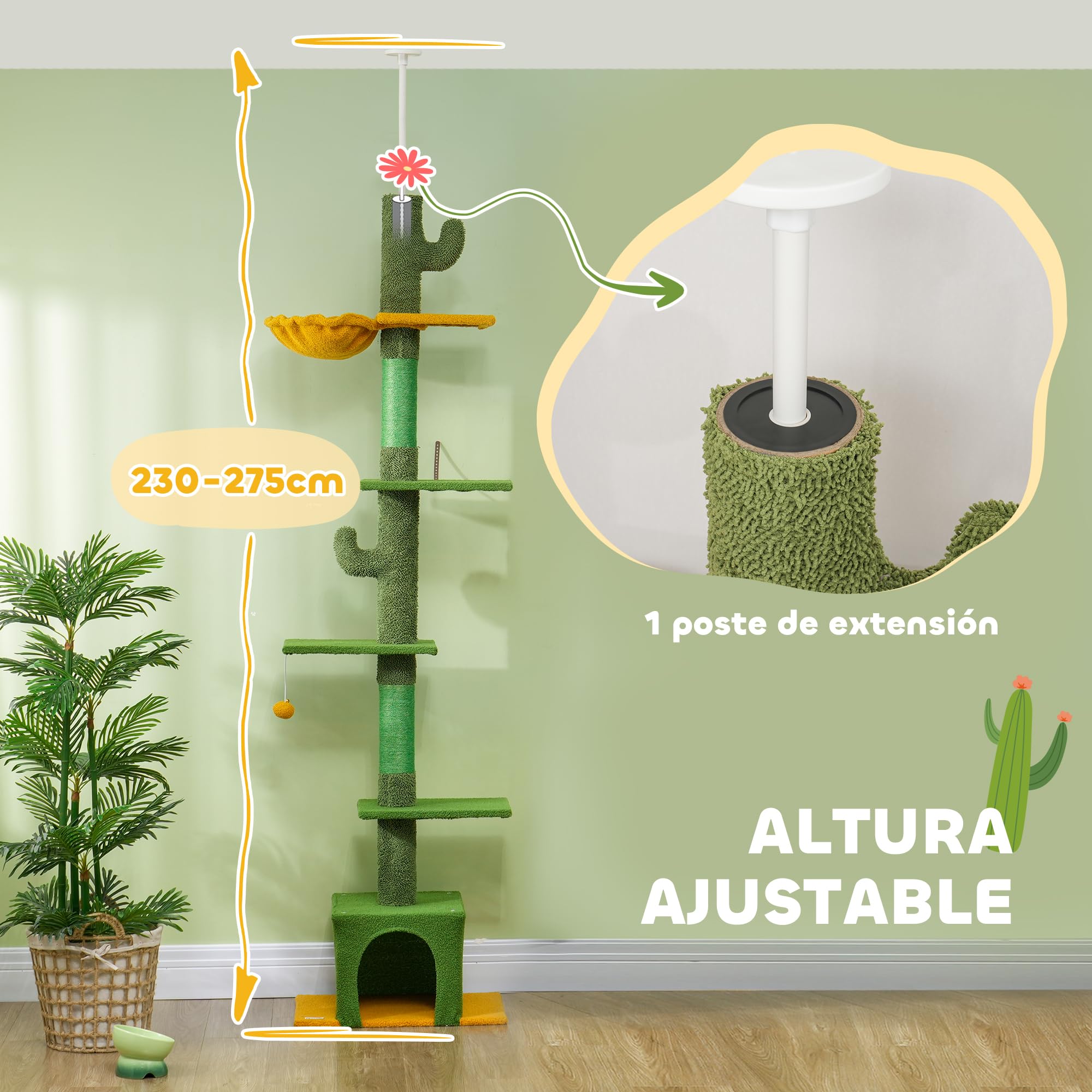 PawHut Árbol para Gatos de Suelo a Techo de 230-275 cm Torre Verde | Altura Ajustable, Plataformas, Cueva, Hamaca, Postes de Sisal, Bola de Juguete