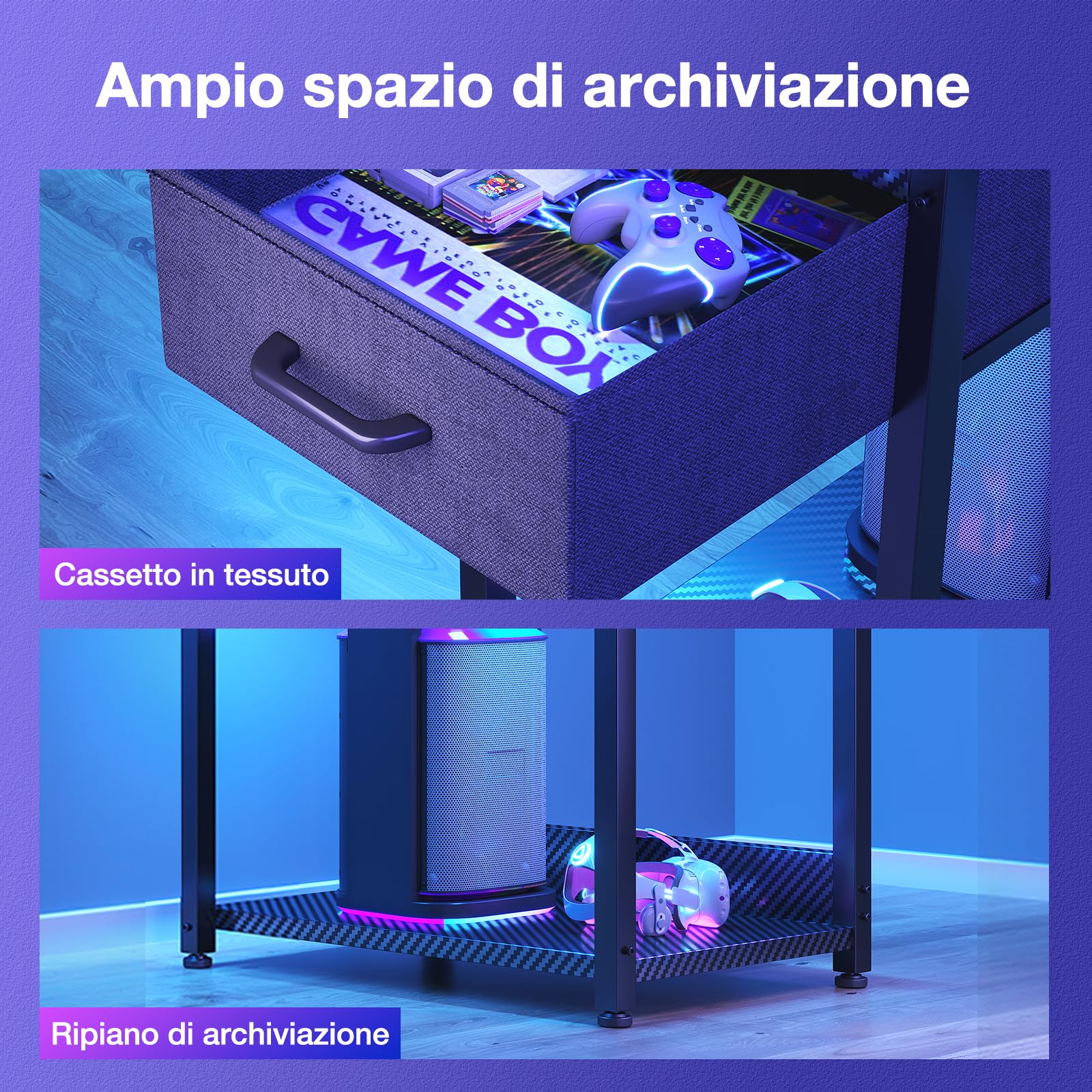 Coleshome Scrivania Gaming con Illuminazione LED, 120×48cm Tavolo Gaming con Cassetti e Libreria, Scrivania Computer Reversibile con Gancio per Cuffie, Nero Fibra di Carbonio